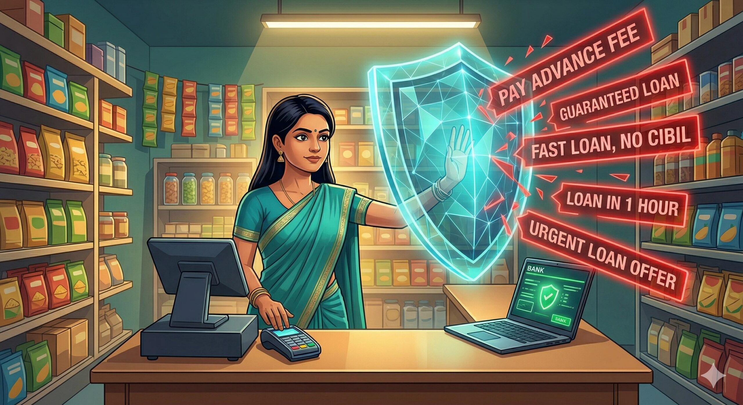 Indian female shop owner holding a protective digital shield against loan fraud, advance fee scams, and fake loan offers.