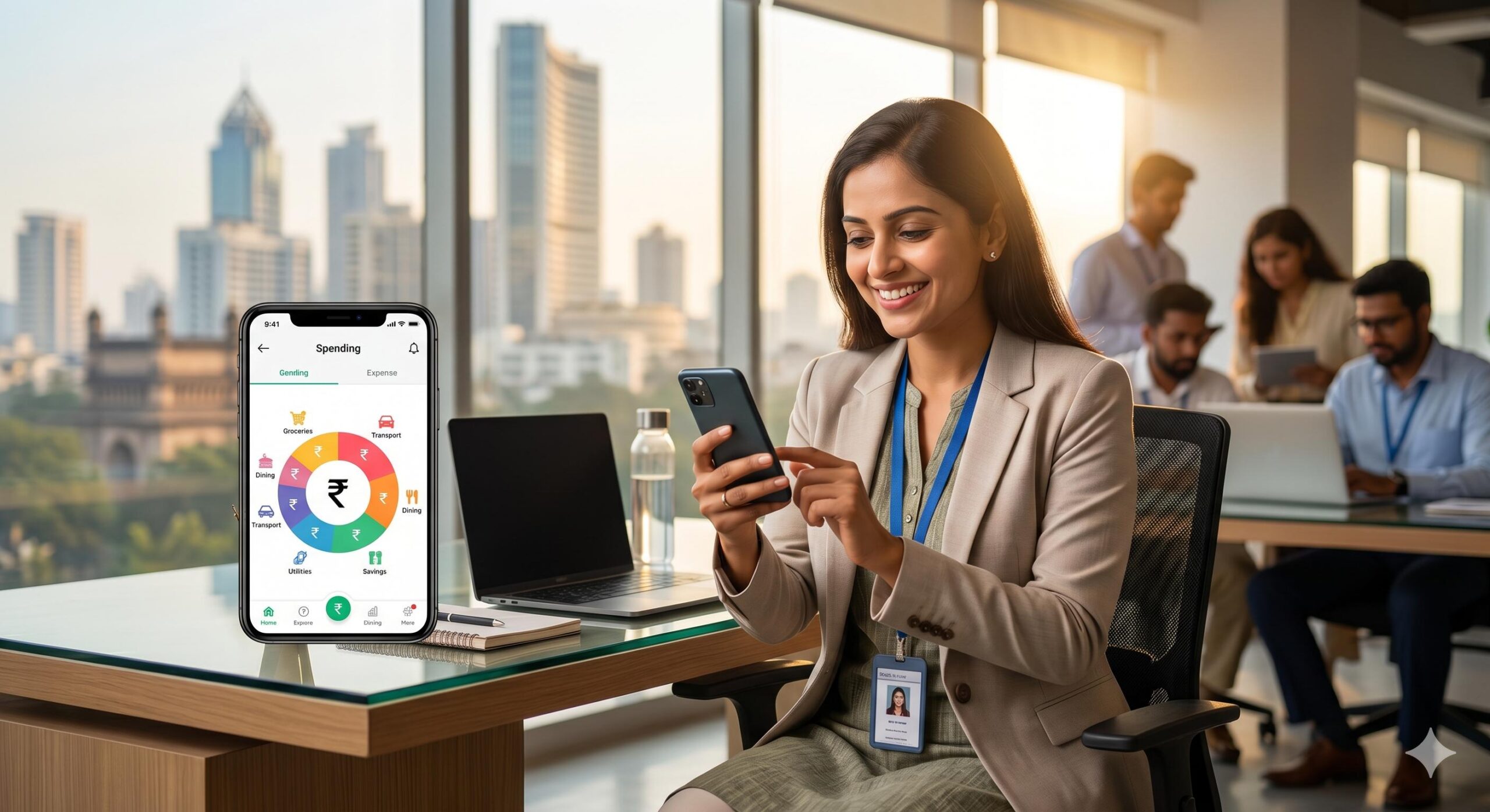 Indian professional happily tracking expenses on a smartphone.