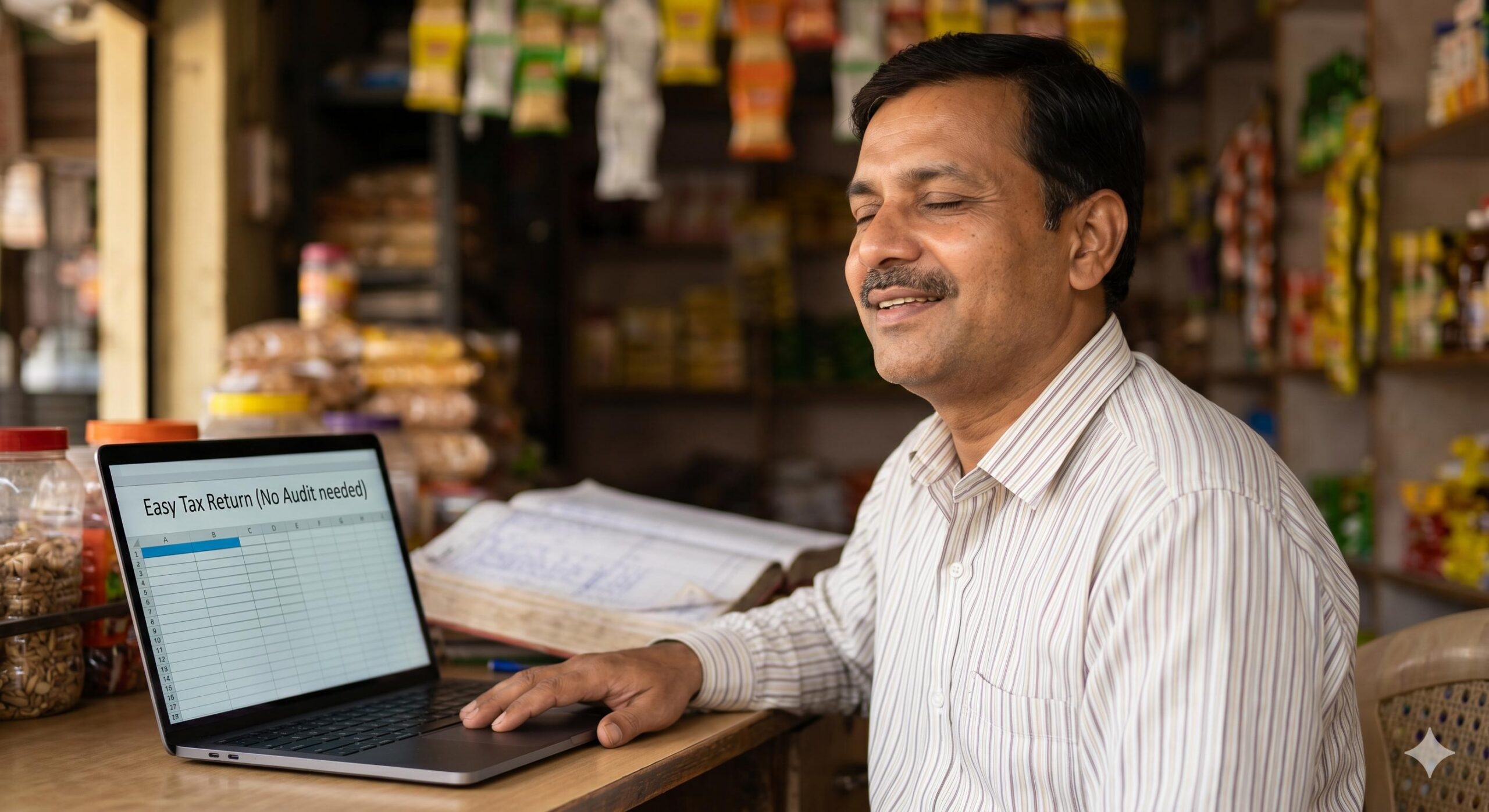 Indian shopkeeper feeling relieved while filing simplified tax return under Section 44AD.