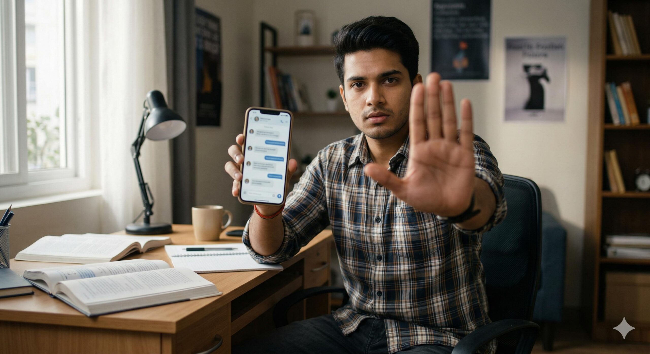 Indian student making a _stop_ gesture at a smartphone screen to prevent fraud.