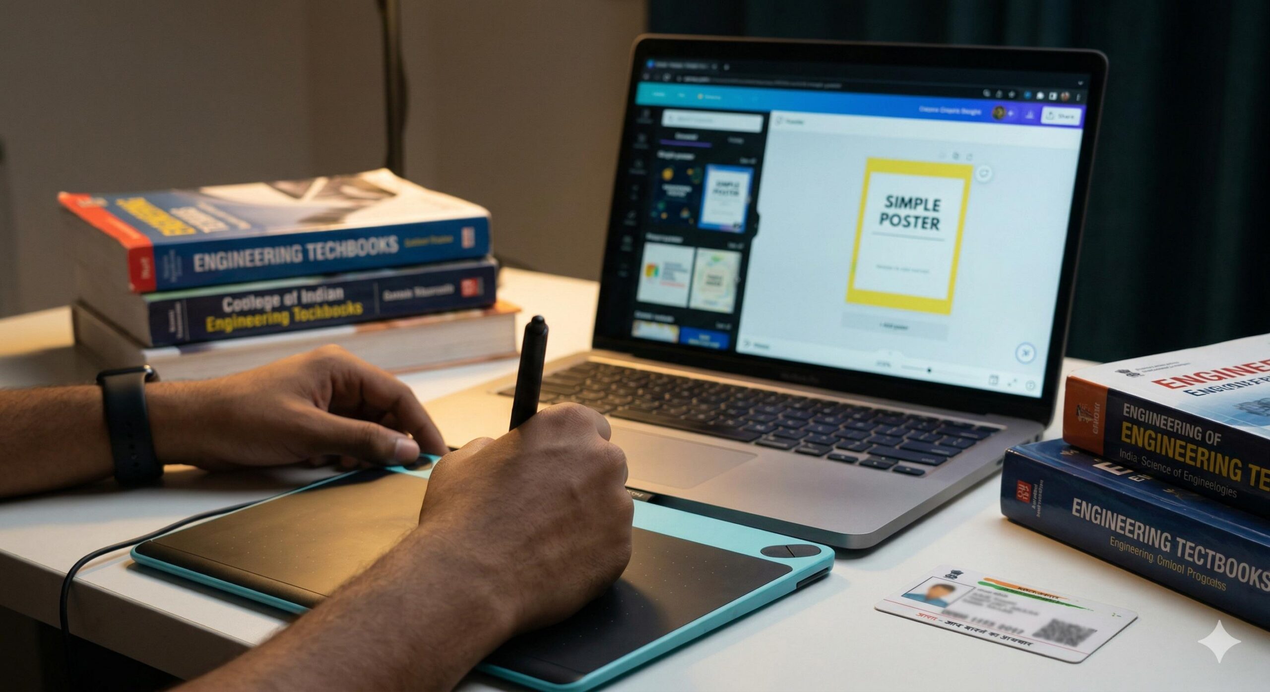 Indian student using a drawing tablet for graphic design side income.