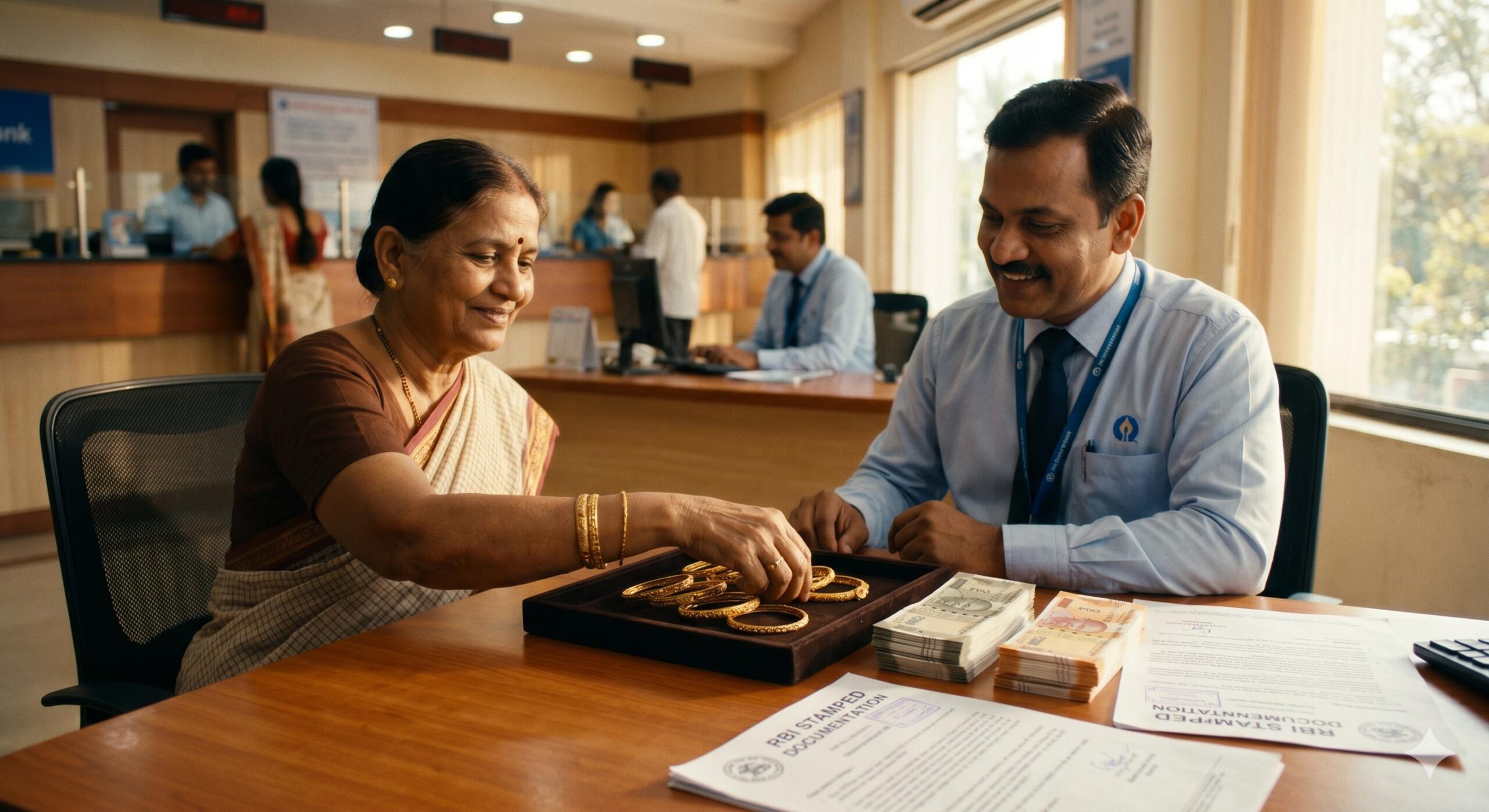 Indian woman opting for a safe gold loan at a registered bank.