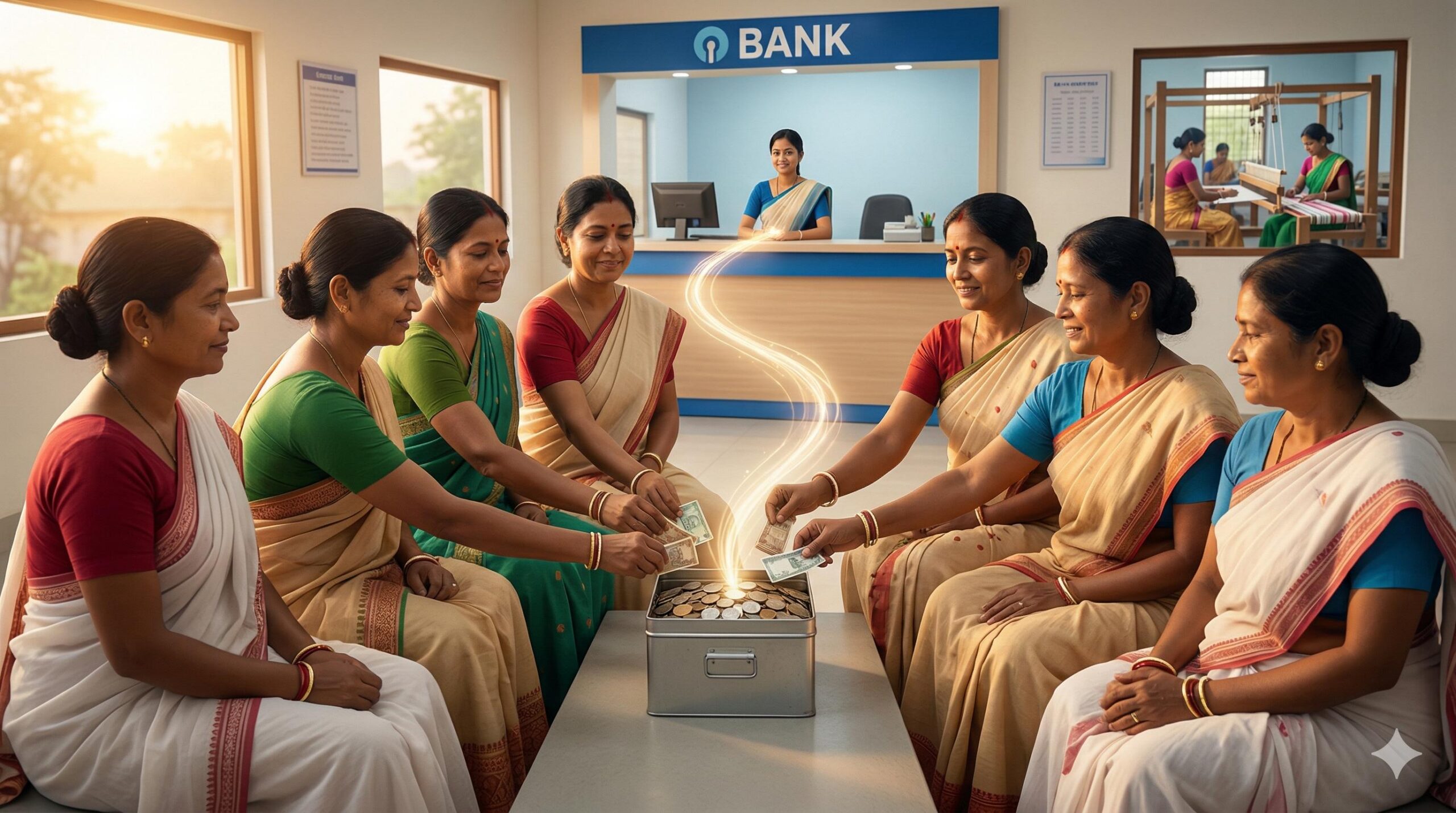 Indian women pooling community _bachat_ and linking it to a modern bank.