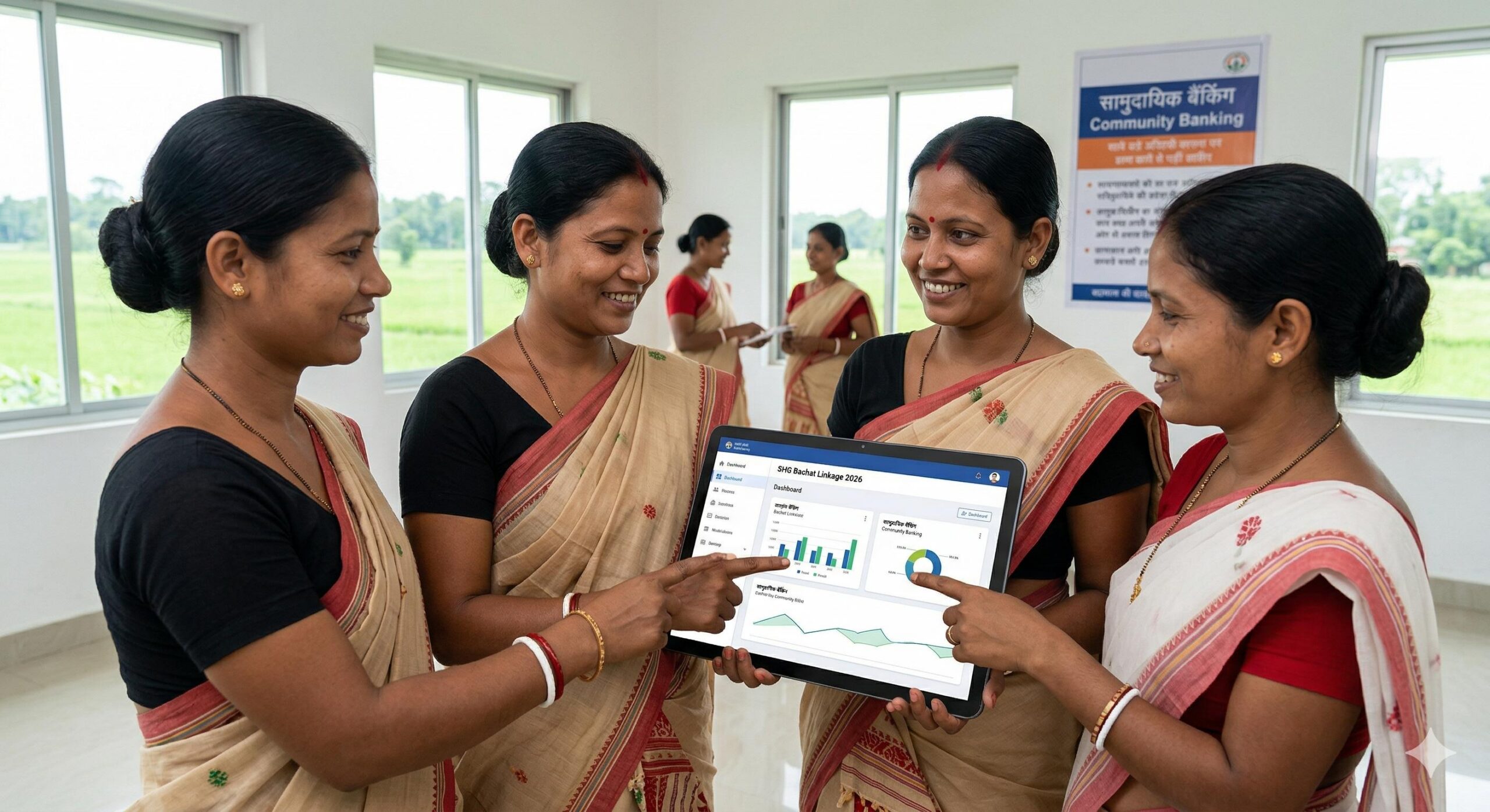 Indian women using smartphone for digital SHG banking group savings in 2026.