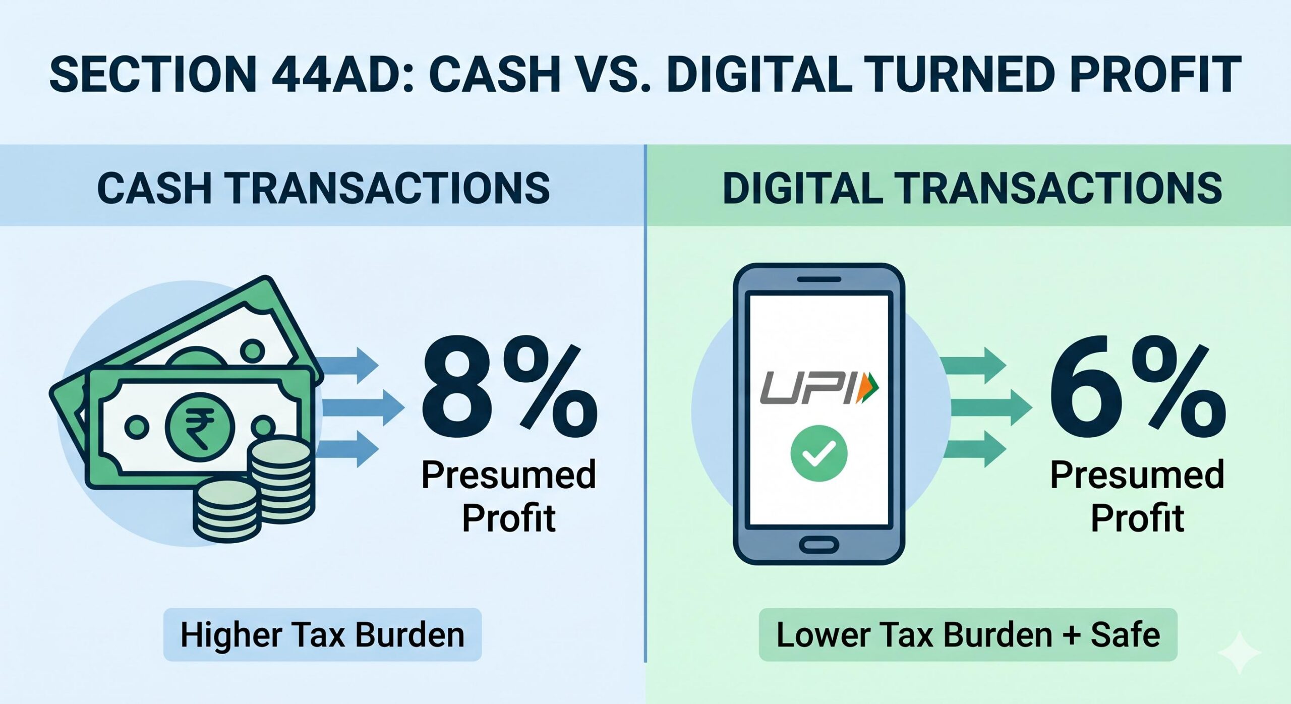 Infographic comparing 8% profit declaration for cash vs 6% for digital transactions under Section 44AD.
