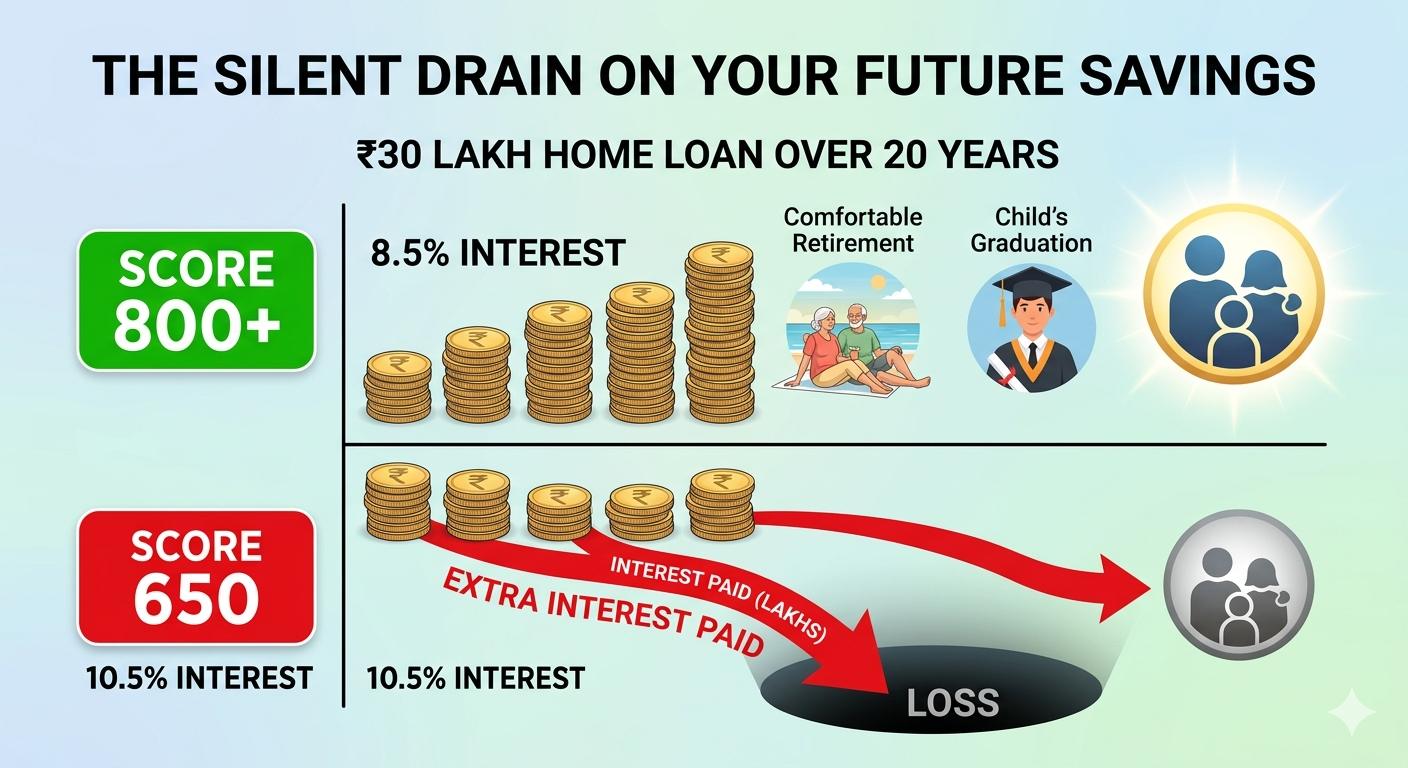 Infographic comparing the total extra interest cost of a low CIBIL score (10.5%) versus a high score (8.5%) on a 30 Lakh home loan in India.