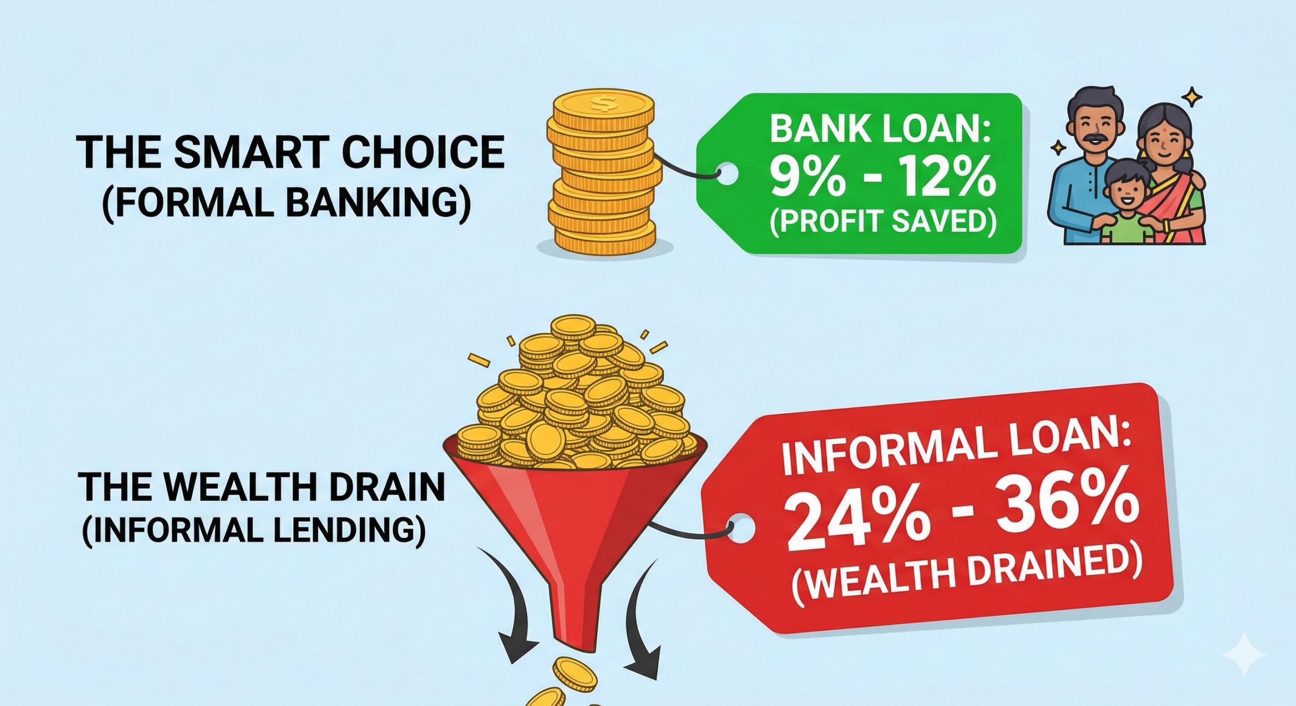 Infographic showing the massive extra interest cost of borrowing from informal lenders compared to legitimate bank loans for shopkeepers.
