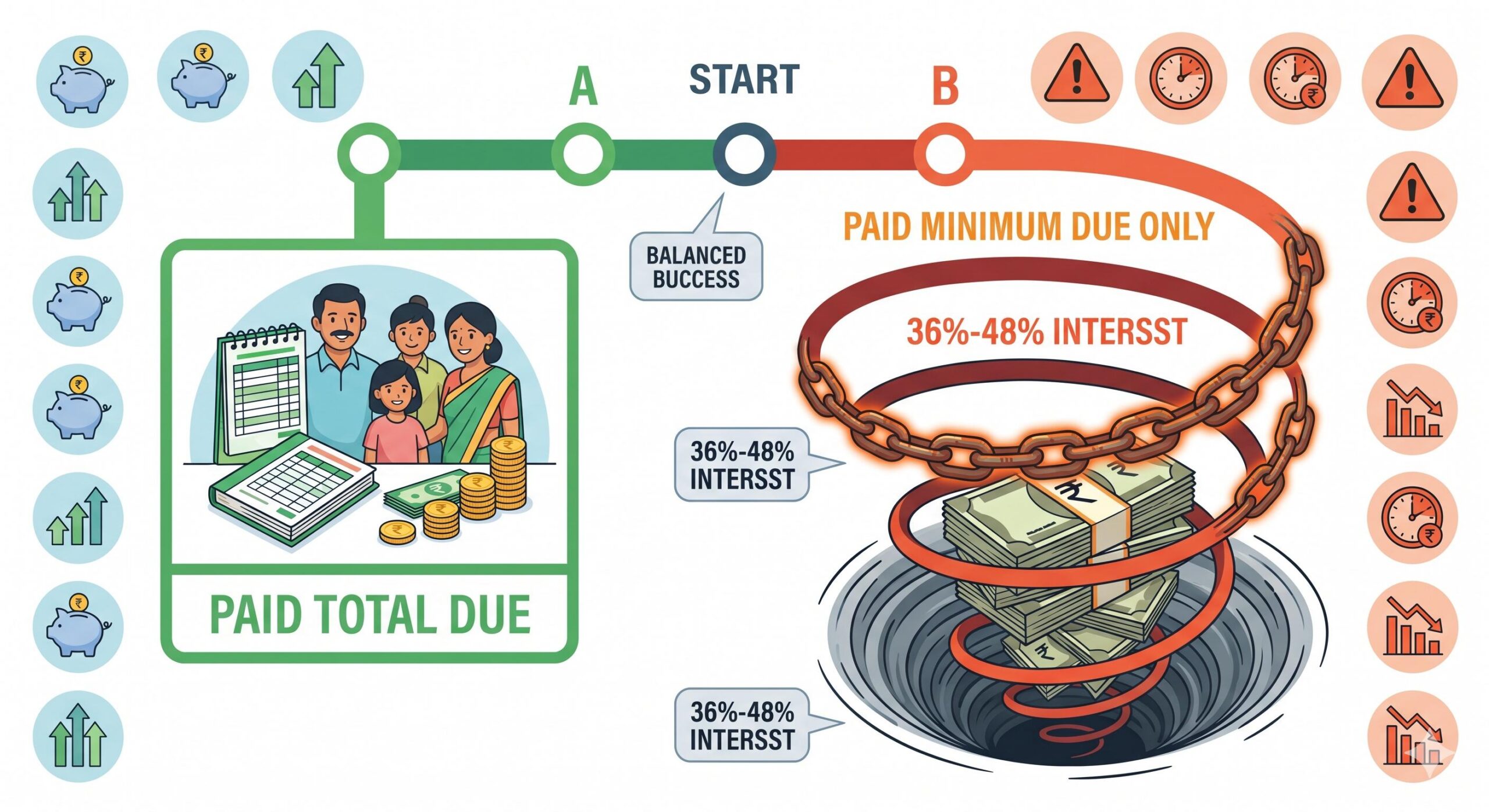 Infographic visualization showing the dangerous debt trap of only paying the minimum due on a credit card.