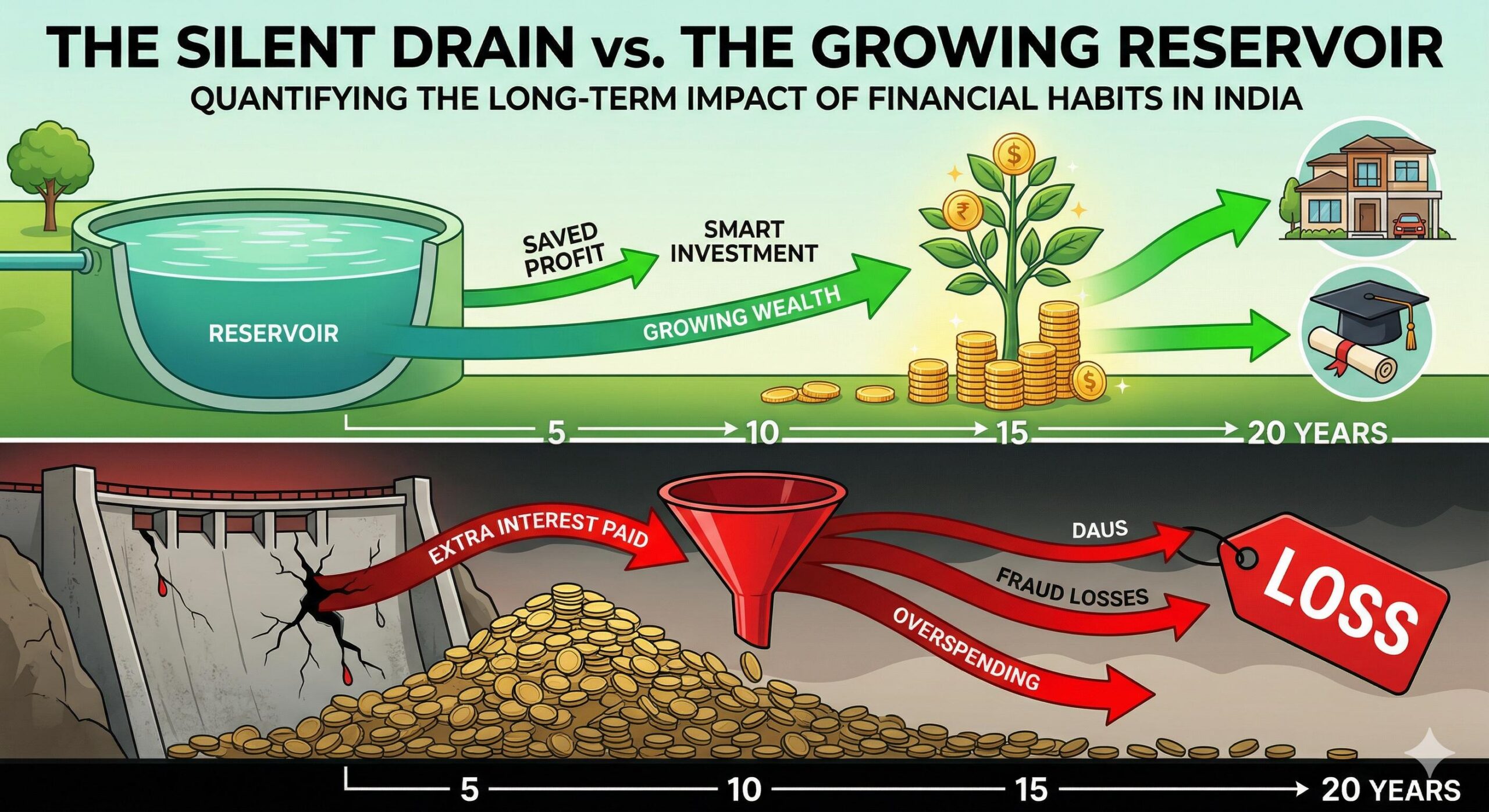 Infographic visually comparing total wealth drain from bad financial choices versus profit saved with smart, secure habits in India.