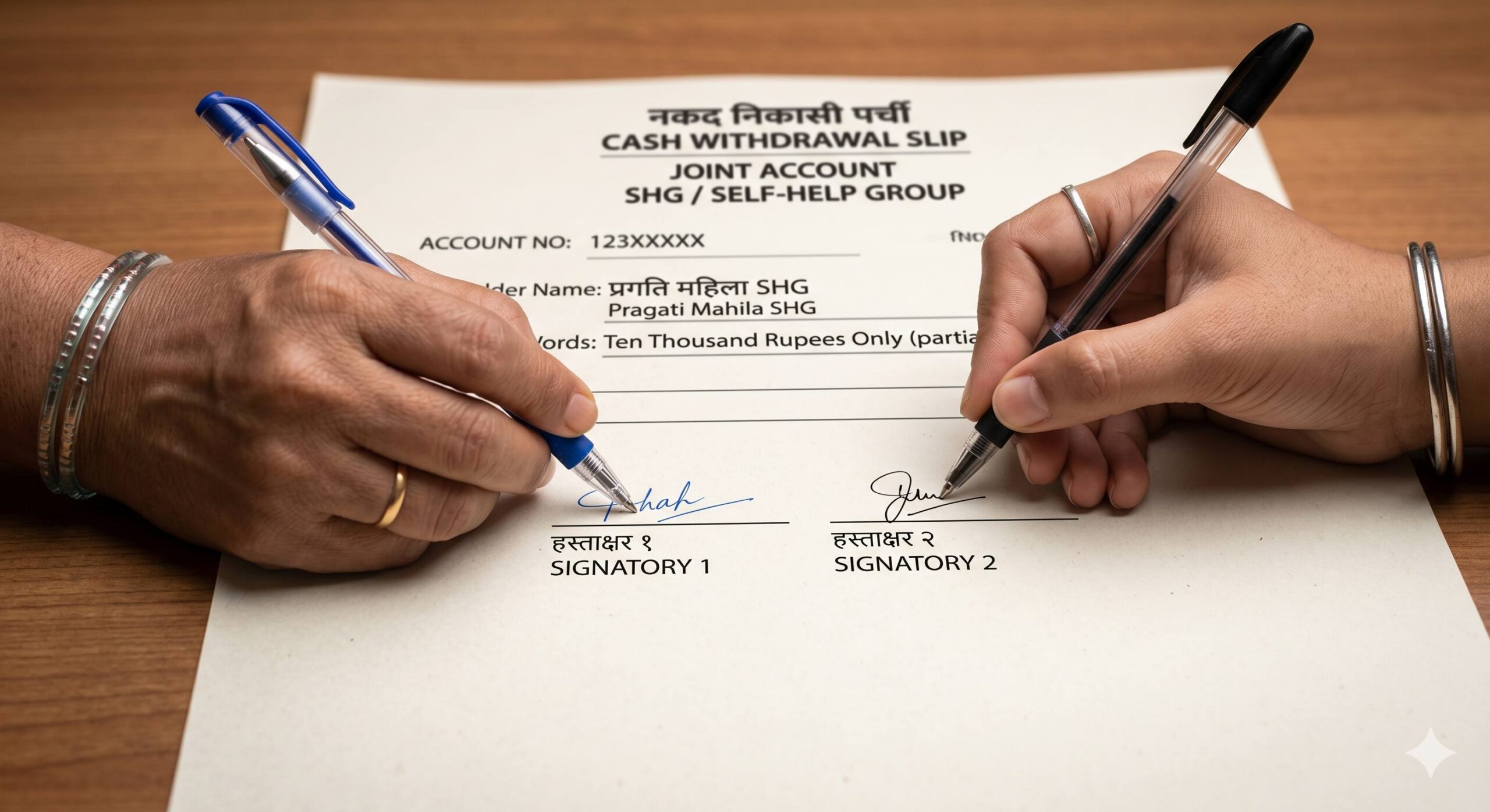 Macro photo of two different hands of SHG members holding pens and concurrently signing a bank withdrawal form for a joint account.