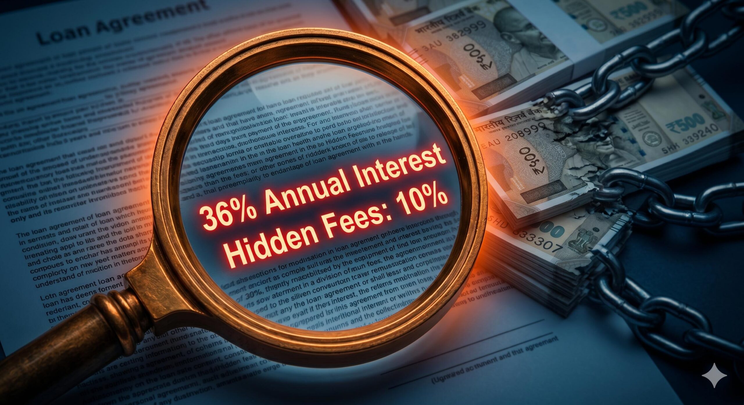 Magnifying glass revealing high 36% annual interest hidden in fine print.
