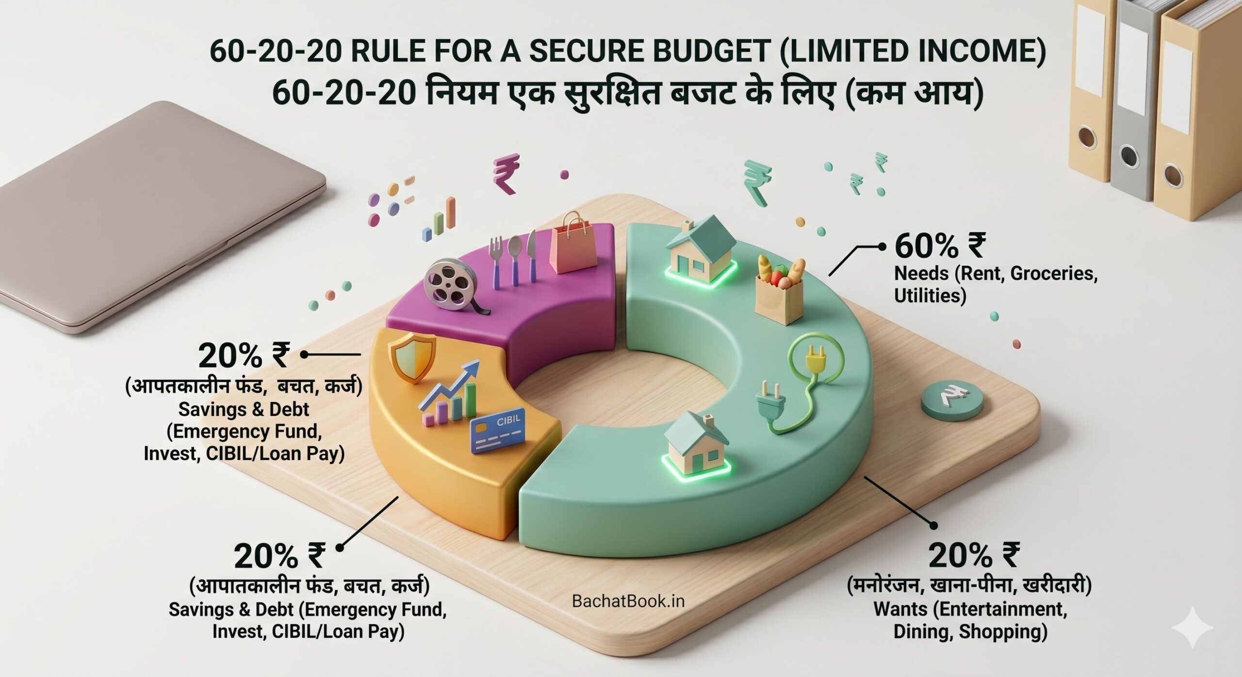 Minimalist 3D infographic of the 60-20-20 budgeting rule.