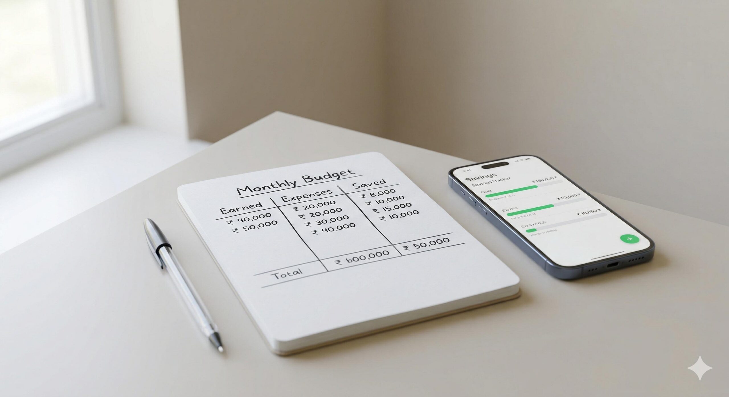 Notebook and smartphone showing a simple budget and savings tracker. (1)