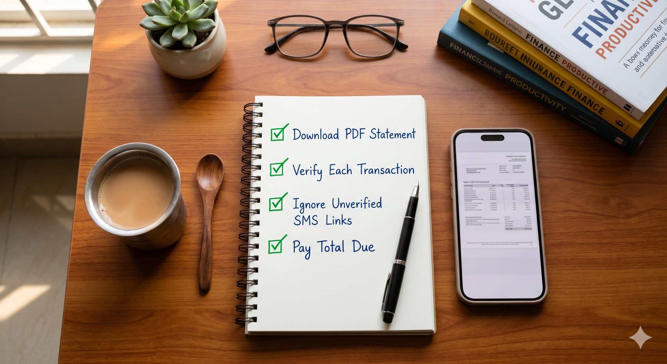 Organized desk with a checklist for safe credit card bill payment habits.