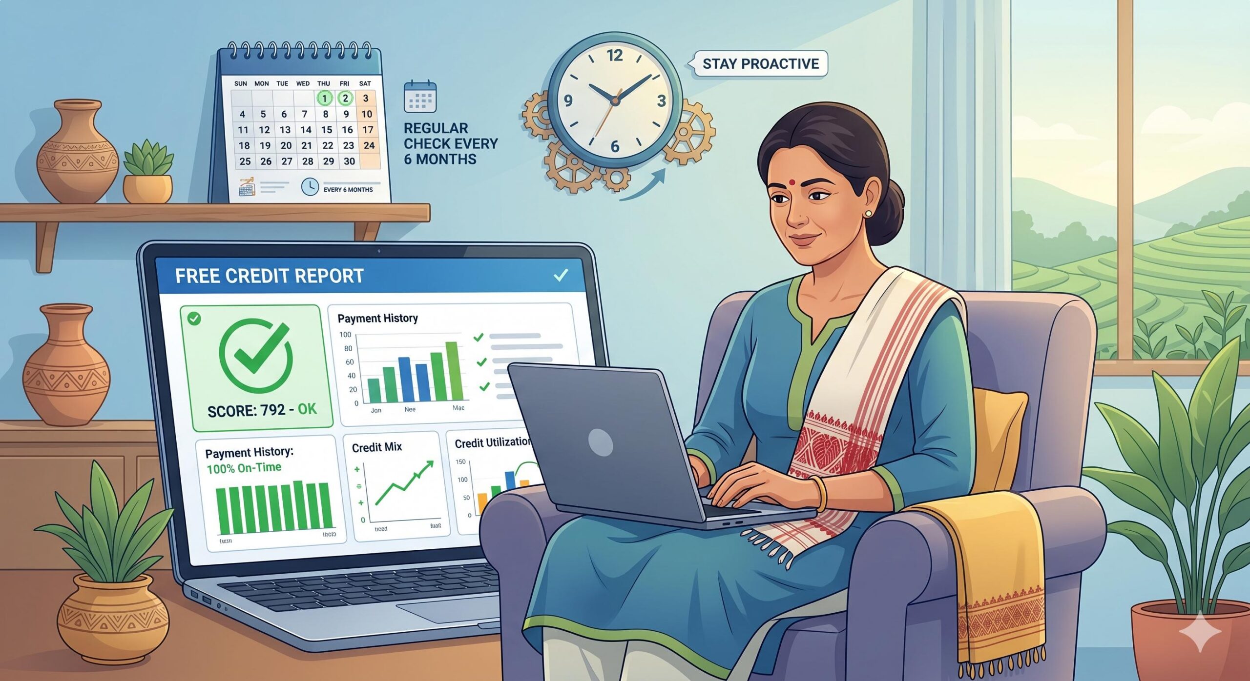 Person calmly reviewing a digital CIBIL credit report on a device with magnifying glass metaphors and calendar details.