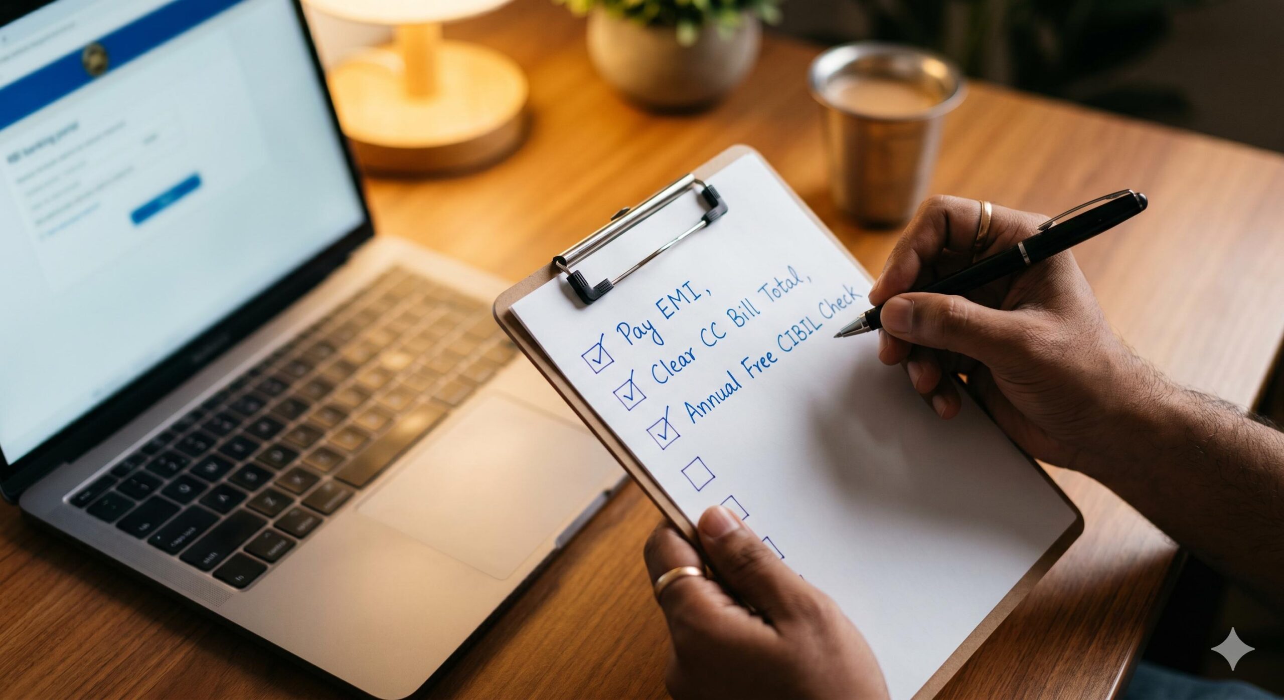 Person marking checklist on desk for monthly financial tasks and CIBIL check.