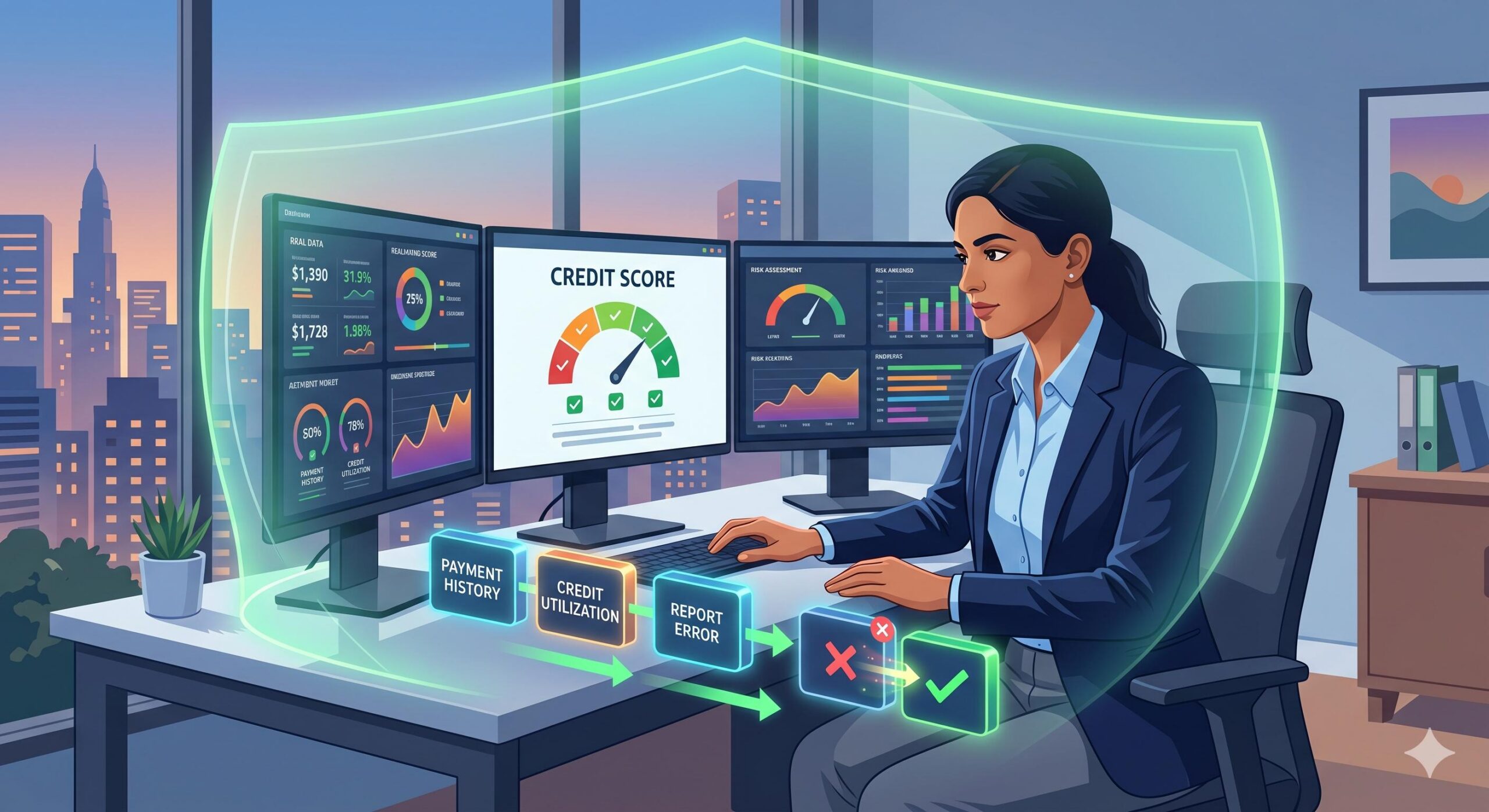 Professional actively reviewing data screens with metaphoric shields and arrows for fixing a credit score error.