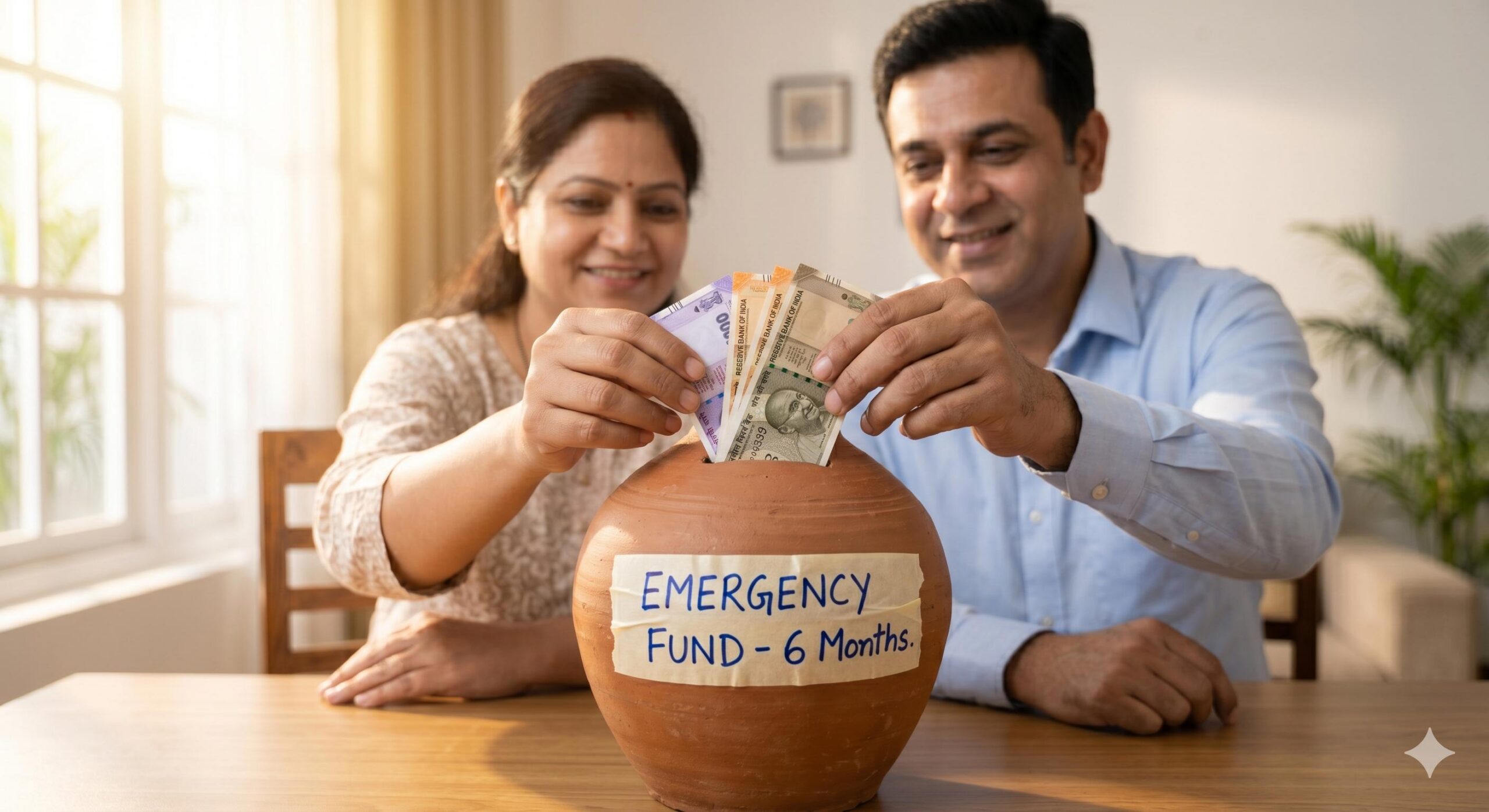 Realistic, comforting, and symbolic of financial security.Indian couple saving cash in an Emergency Fund Gullak.
