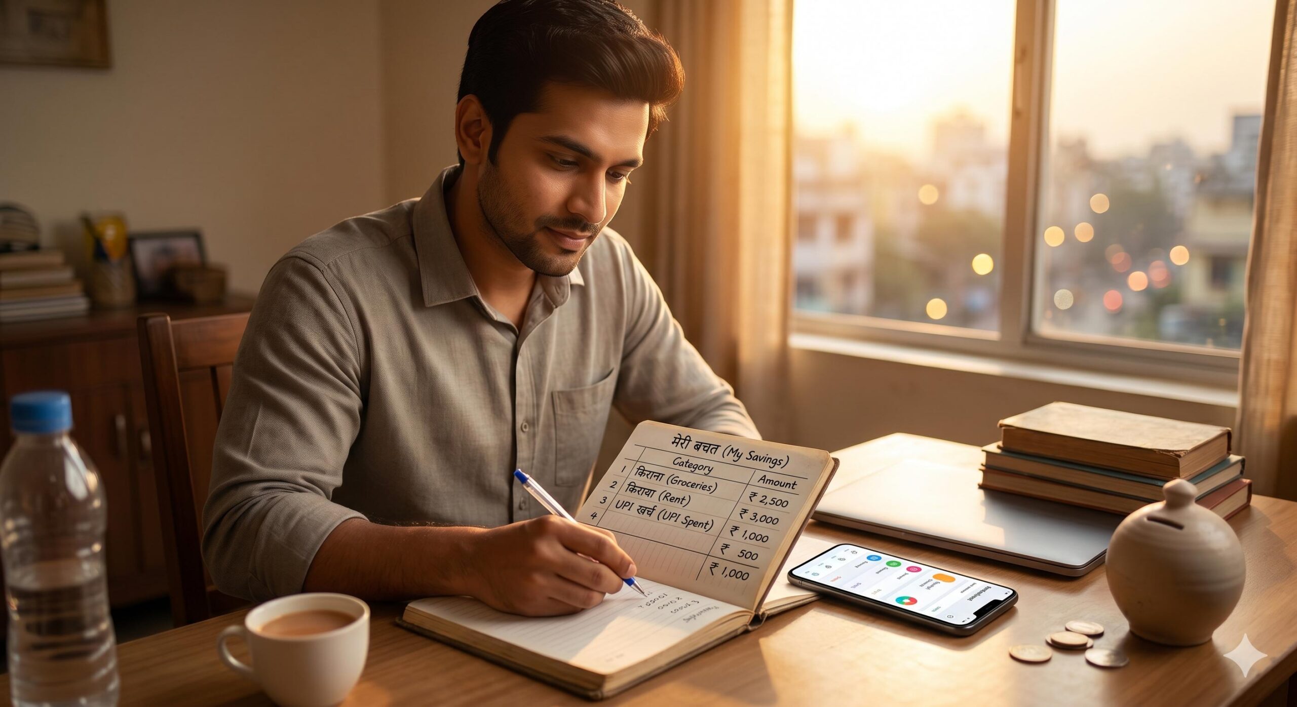 Realistic photo of a focused young Indian man budgeting at home.