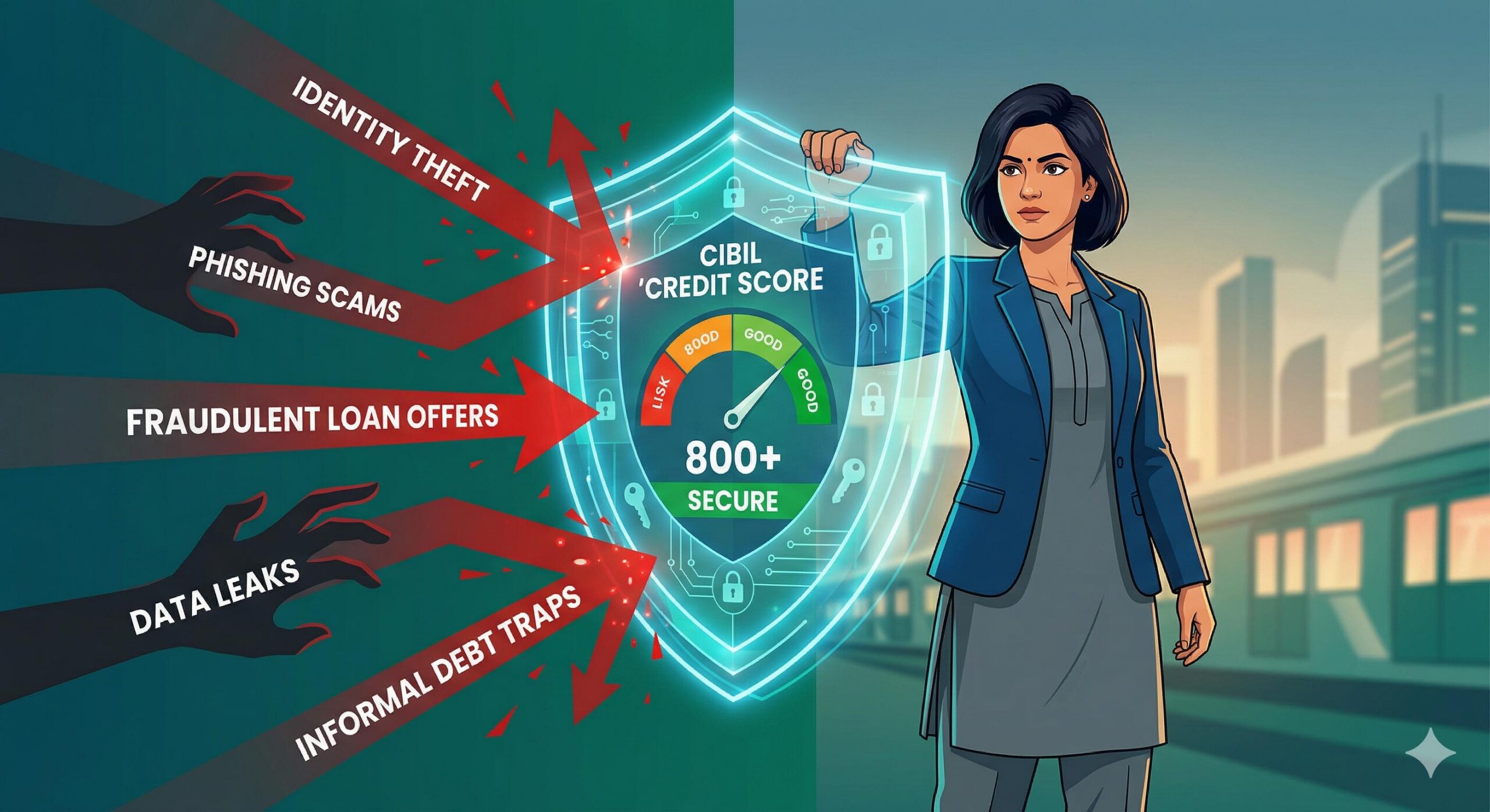 Reassuring illustrative sentinel blocking illustrative financial fraud, scams, identity theft, and informal debt, representing vigilance in India.