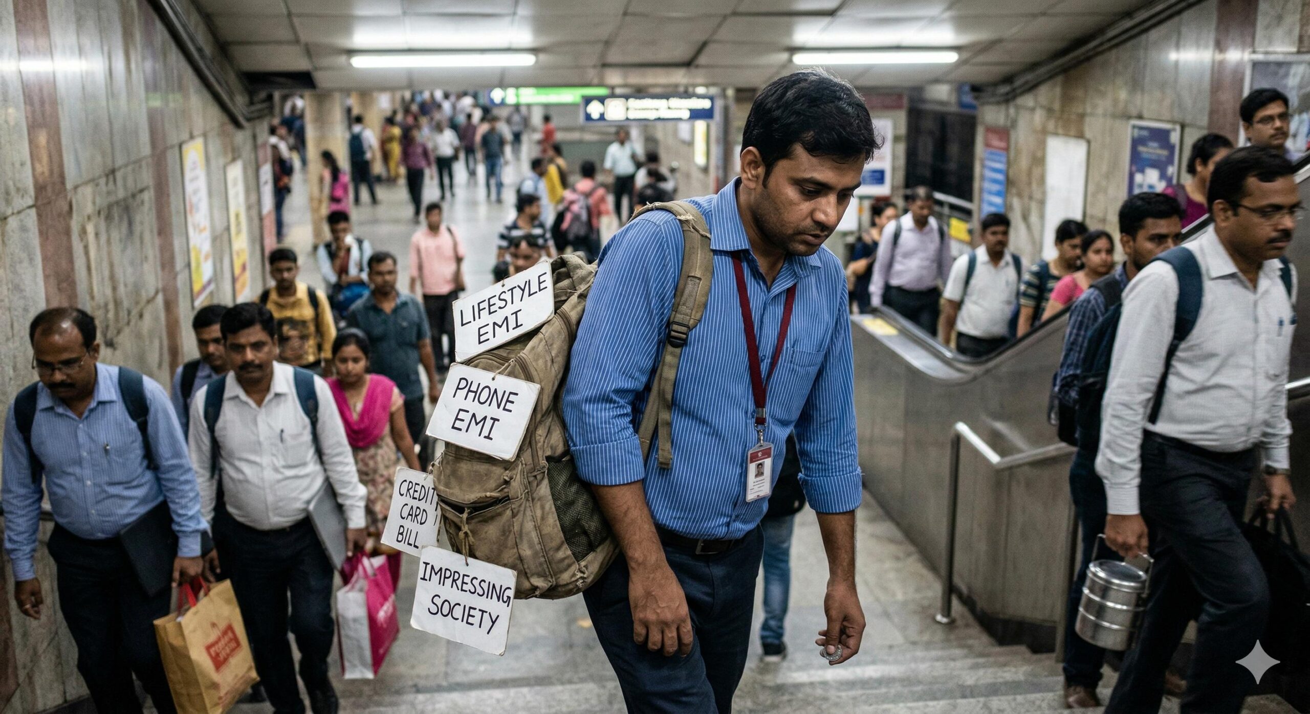 Relatable Indian office worker physically weighted down by bags labeled with different debt obligations (EMIs).