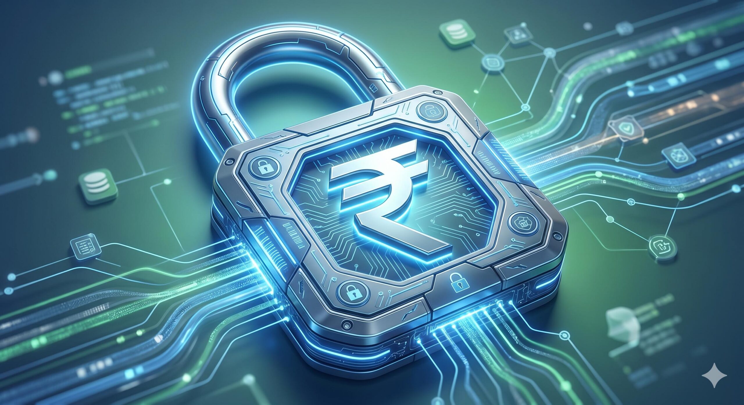 Secure digital lock protecting Indian Rupee symbol, signifying financial data safety.