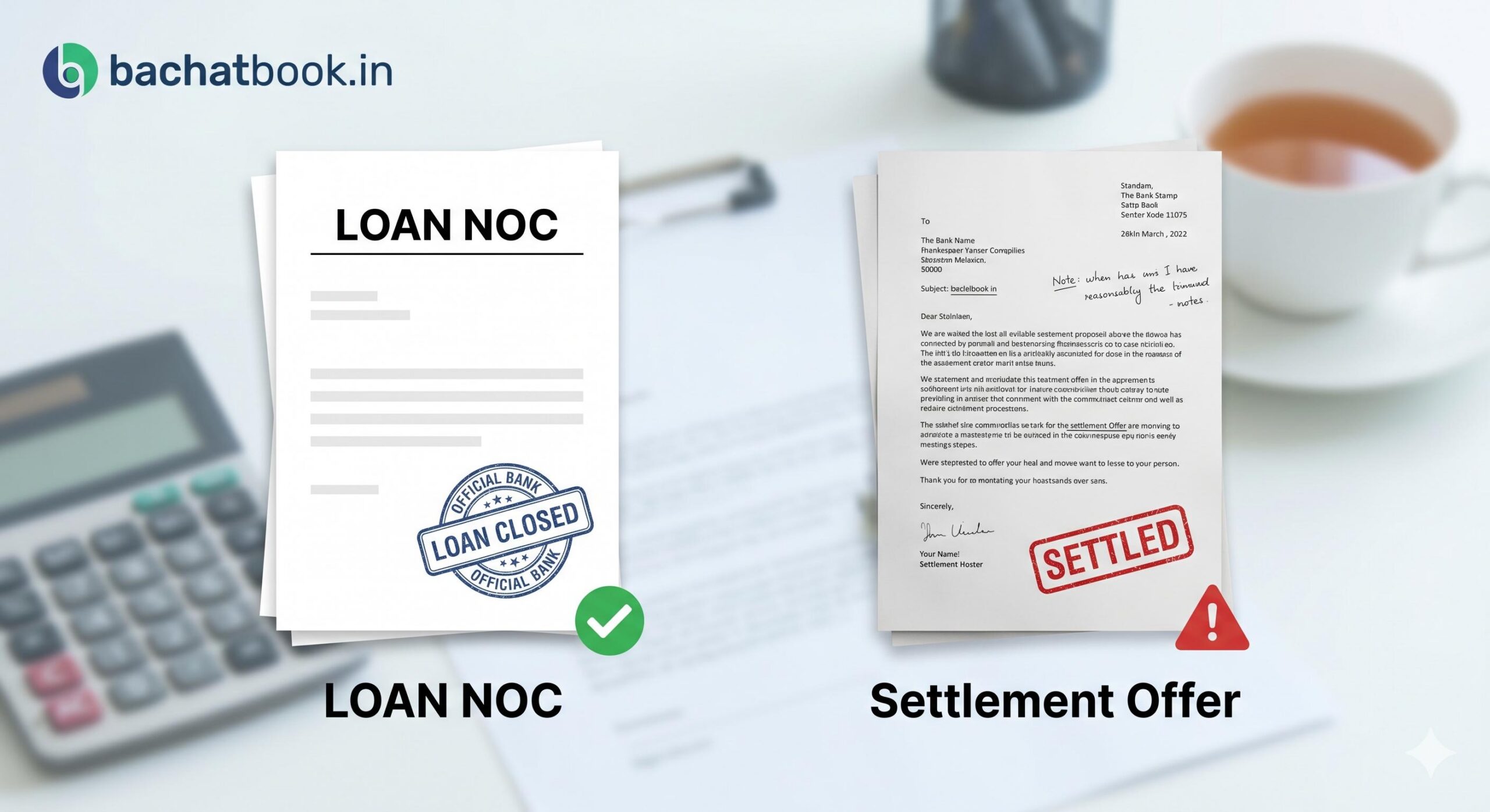 Side-by-side comparison of an official bank NOC for closure and a temporary settlement offer letter.