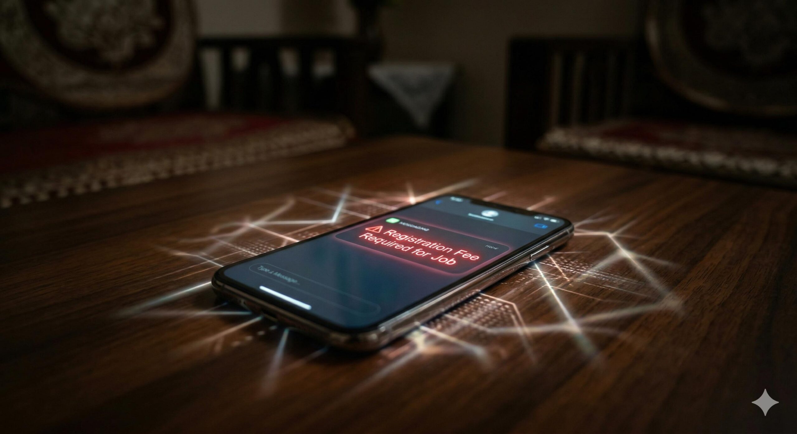 Smartphone screen displaying a fraudulent message asking for a job fee.