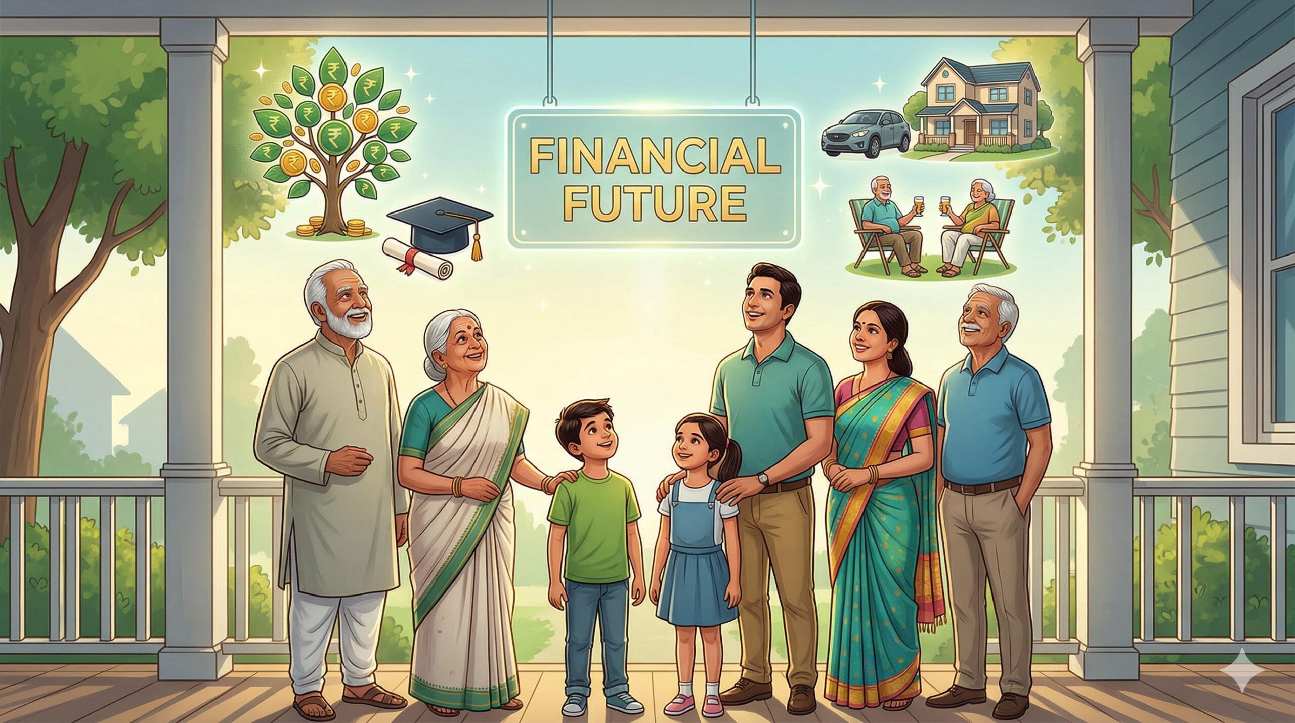 Smiling Indian family looking towards a brighter financial future with secure life goals.