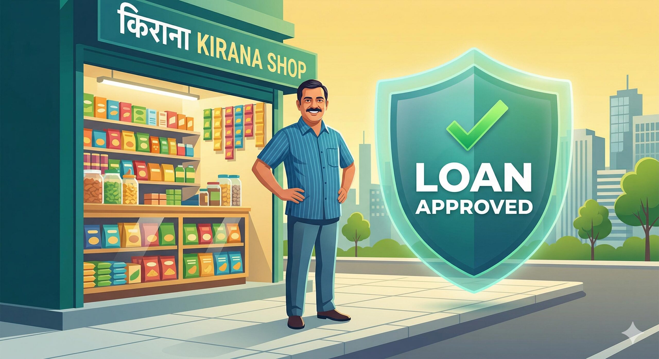 Smiling Indian shopkeeper standing outside his well-stocked store with a loan approved document, representing business loan eligibility.