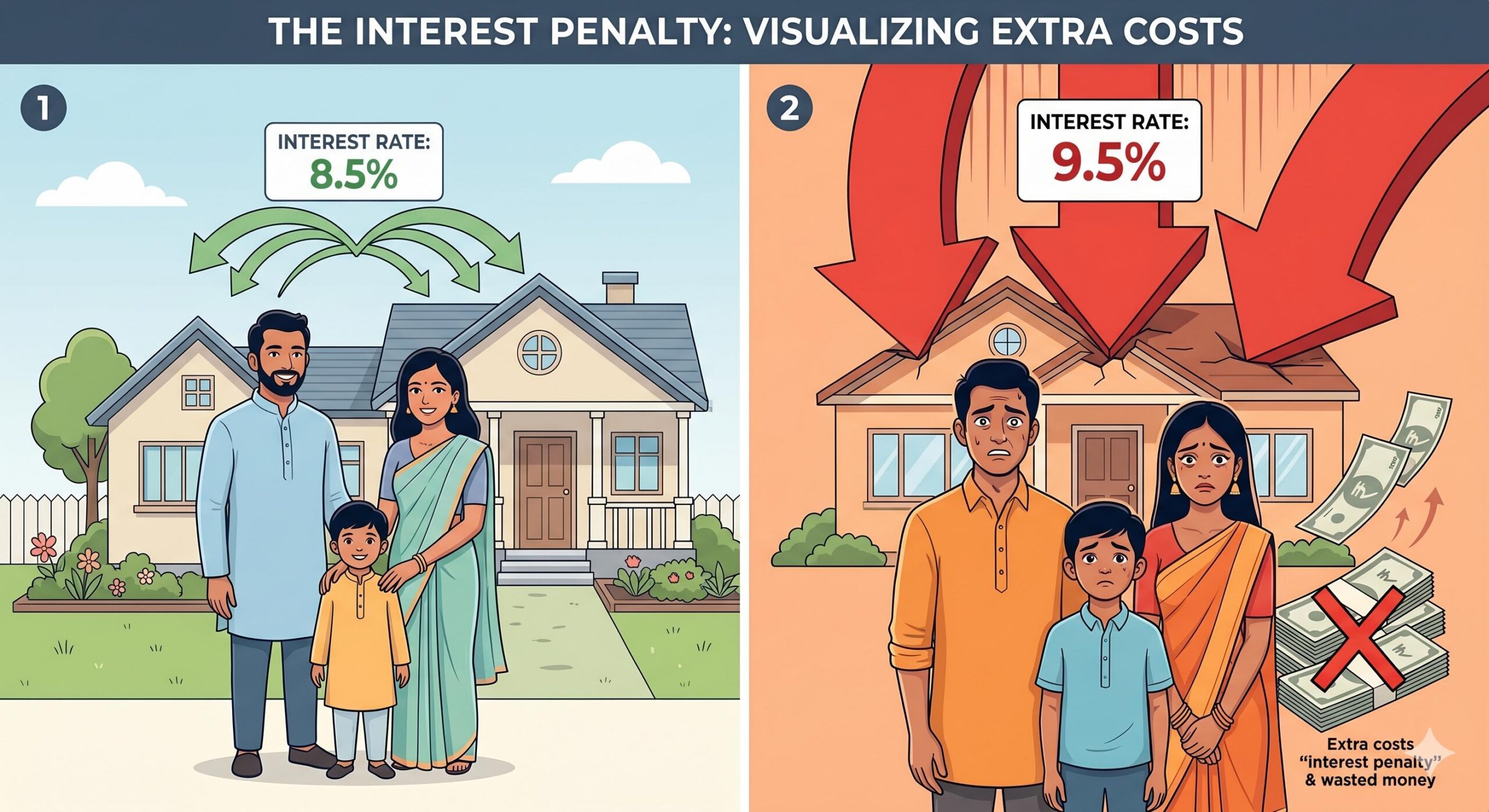 Split visualization contrasting clerical paper errors and a shadowy fraudster's impact on a credit score.