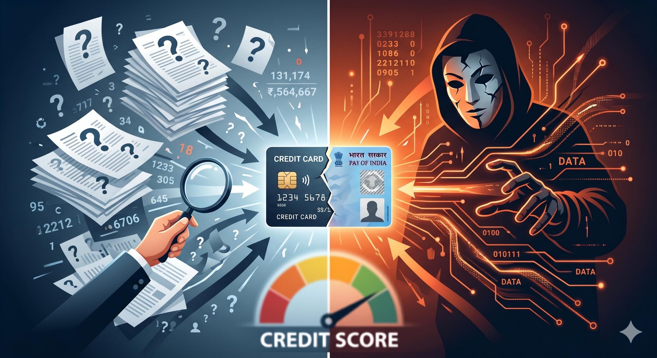 Split visualization contrasting clerical paper errors and a shadowy fraudster's impact on a credit score. (1)