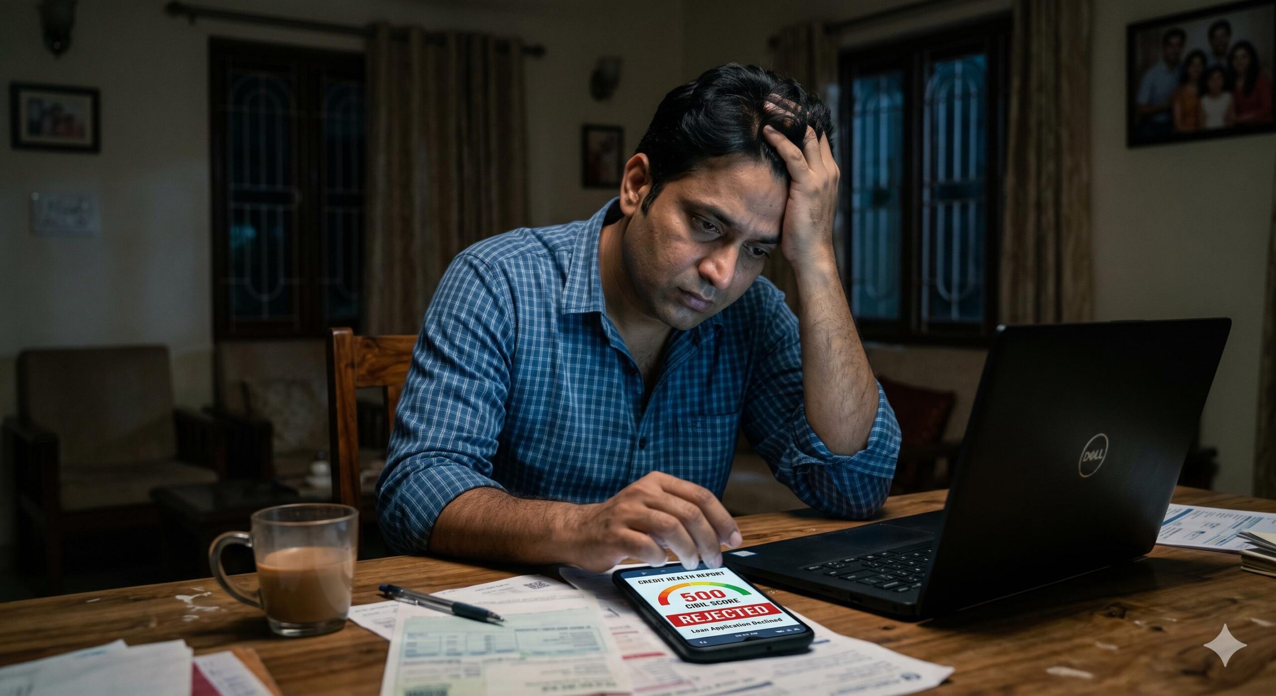 Stressed Indian employee looking at a low 500 CIBIL score rejection on his phone.
