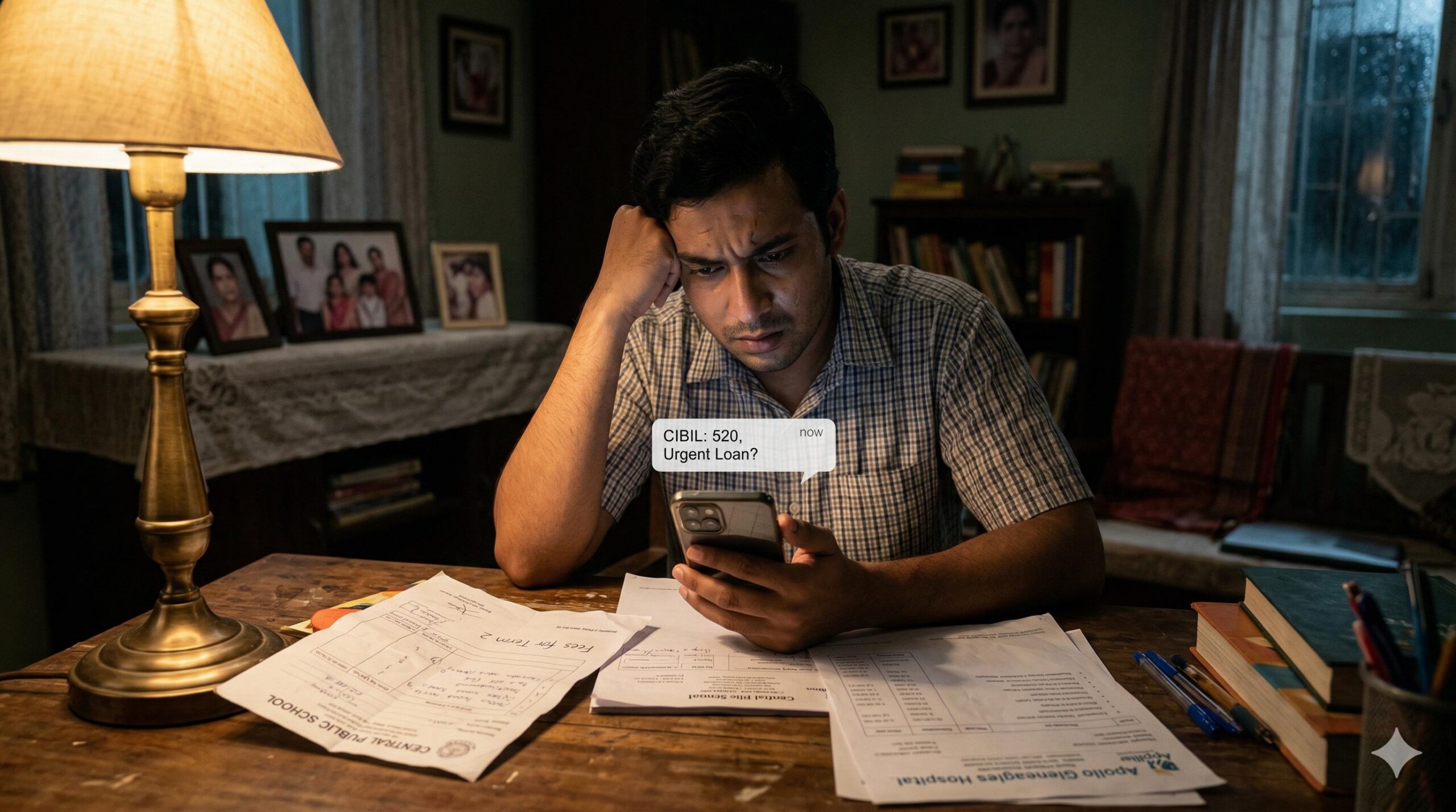 Stressed Indian man looking at a low CIBIL score message on his phone with urgent family bills on his desk.
