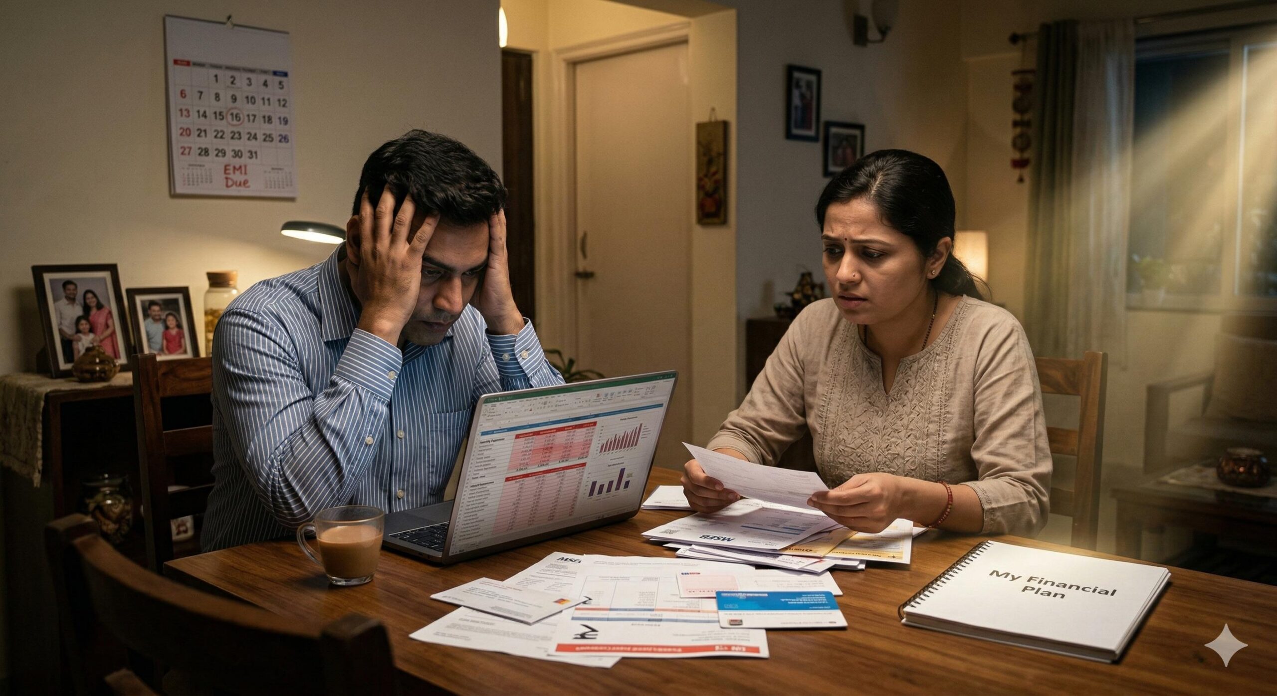 Stressed Indian middle-class couple reviewing confusing bills and debt at a kitchen table.