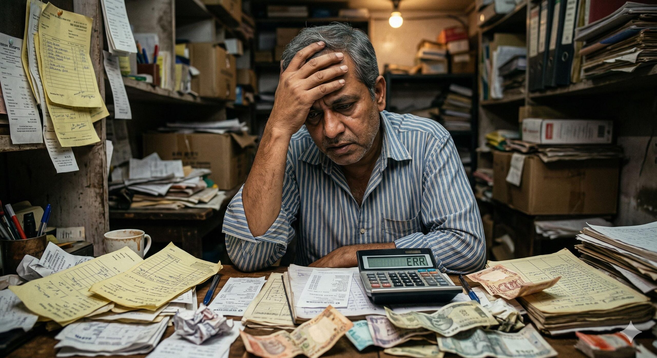 Stressed Indian shop owner overwhelmed by messy financial records and cash receipts.