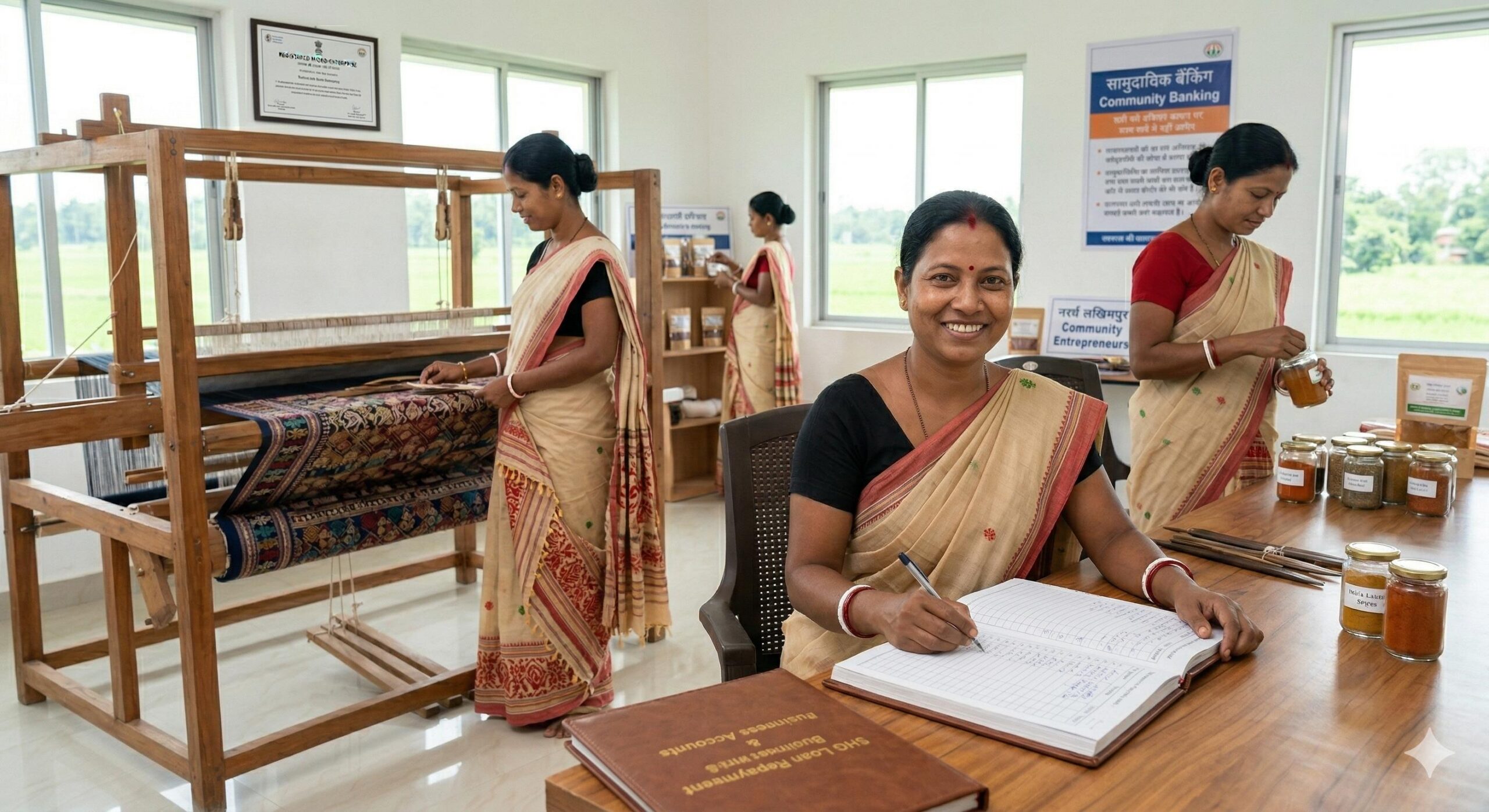 Successful Indian women entrepreneurs thriving after wise use of an SHG bank linkage loan.