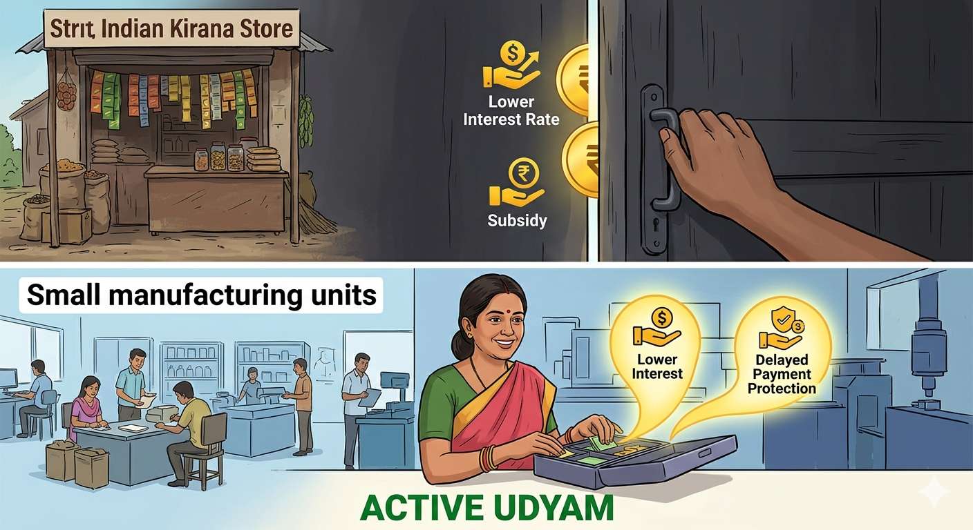 The text _ACTIVE UDYAM_ is displayed prominently in green below her. Practical, helpful illustration style.