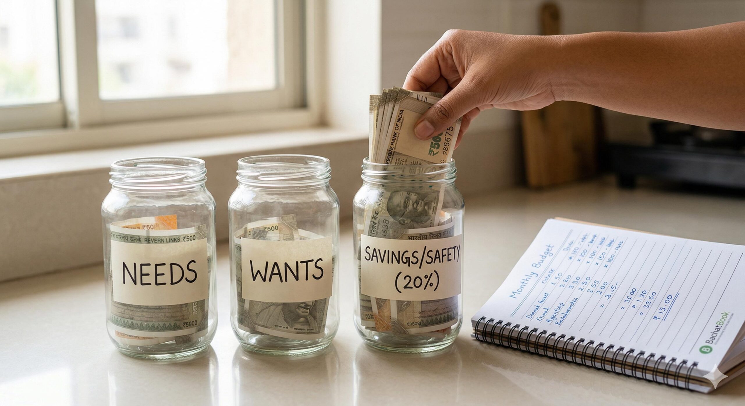 Three glass jars visualizing the 50-30-20 budgeting rule with Indian Rupee currency.