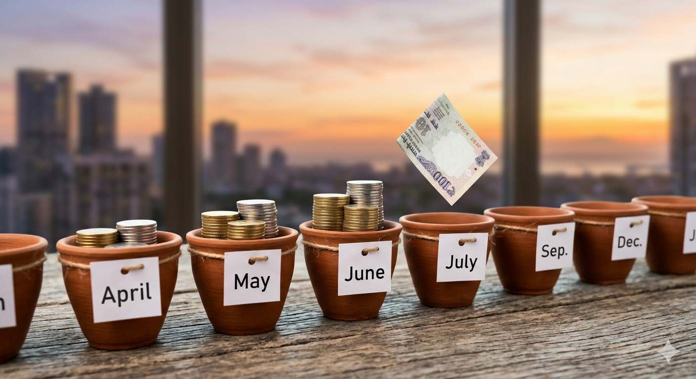 Time-lapse visualization of small monthly savings growing in terracotta pots for a Recurring Deposit. _