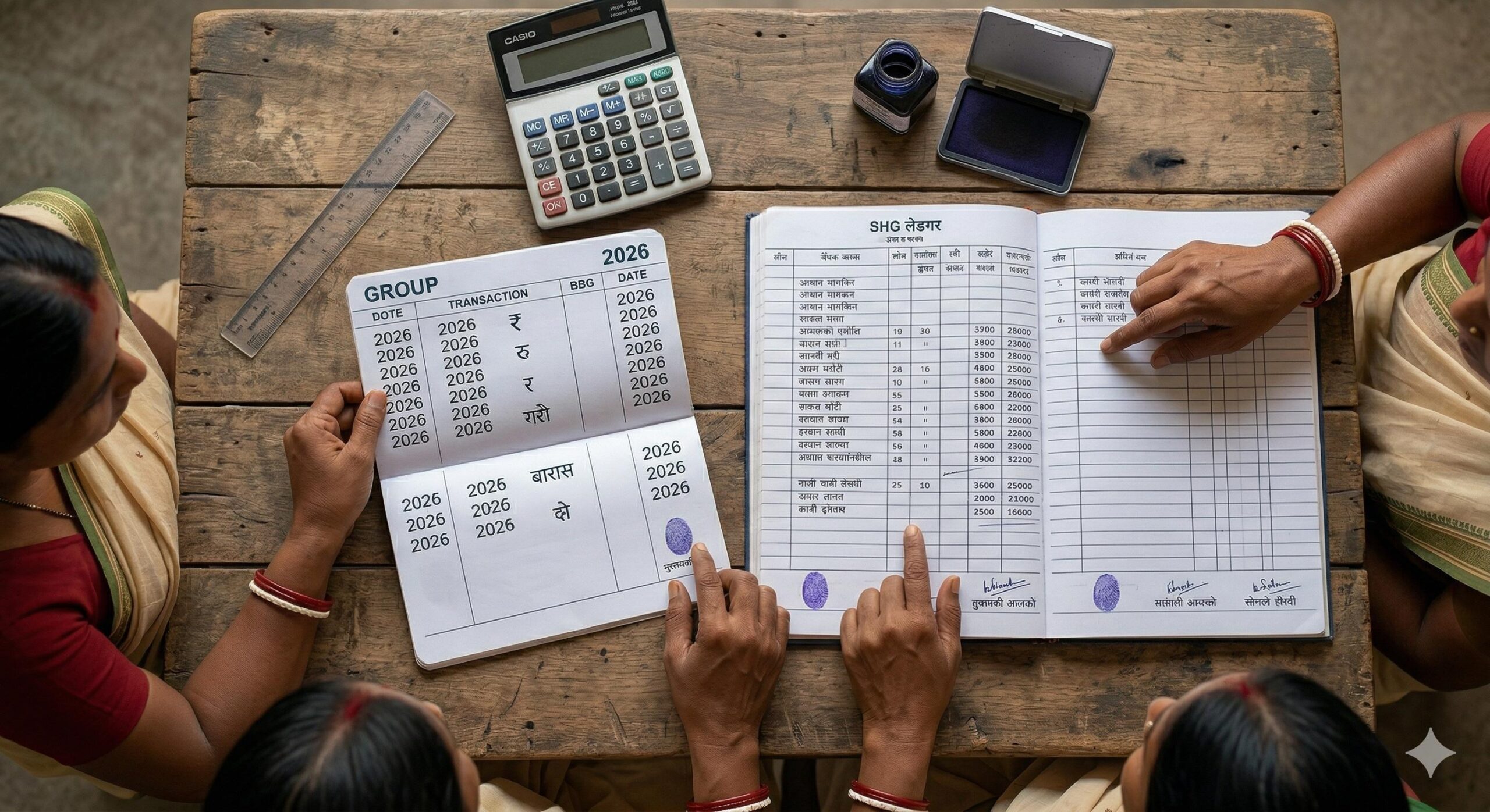 Top-down view of an Indian SHG auditing a joint bank passbook and ledger.