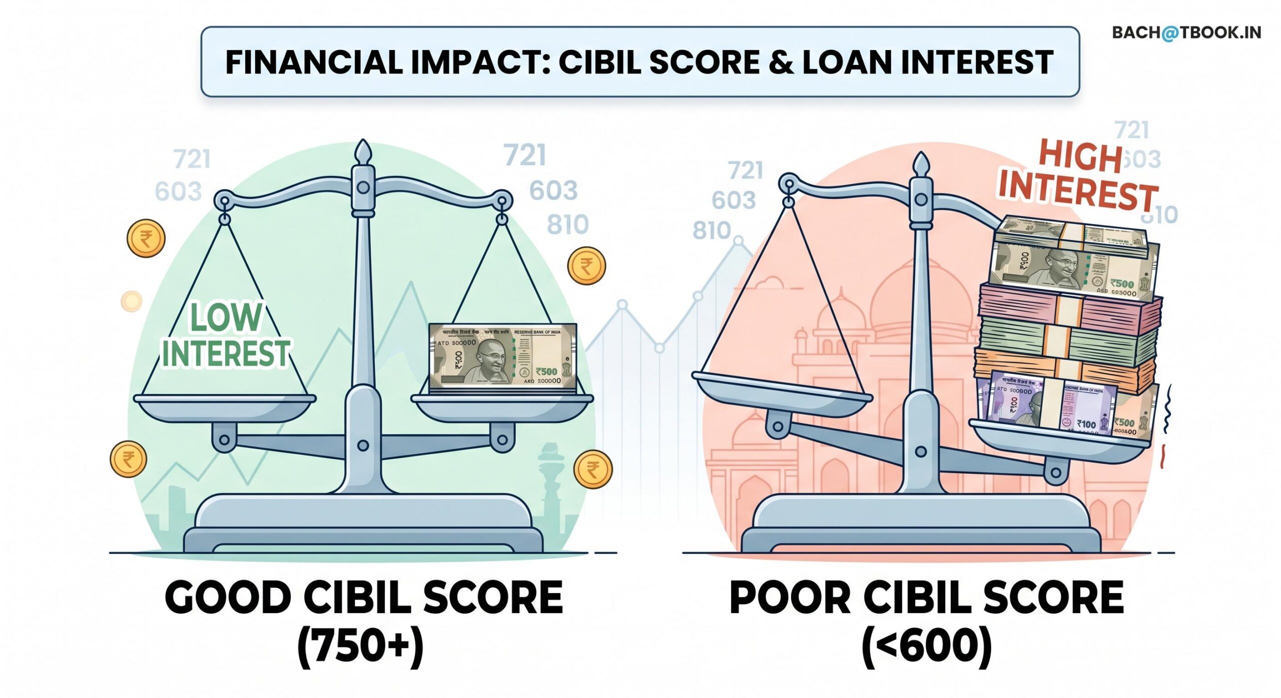 Visual comparison of how credit score affects loan interest rates in India.