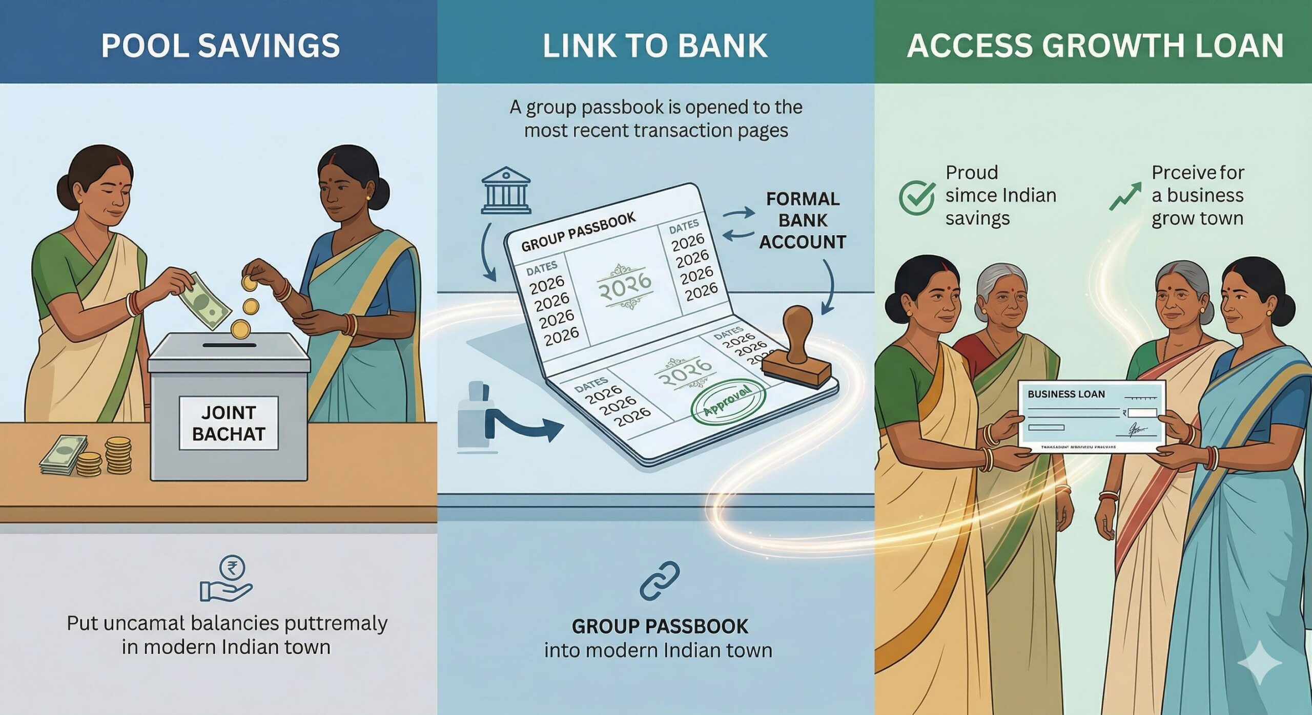 Visual guide of the three steps to safe SHG bank linkage.