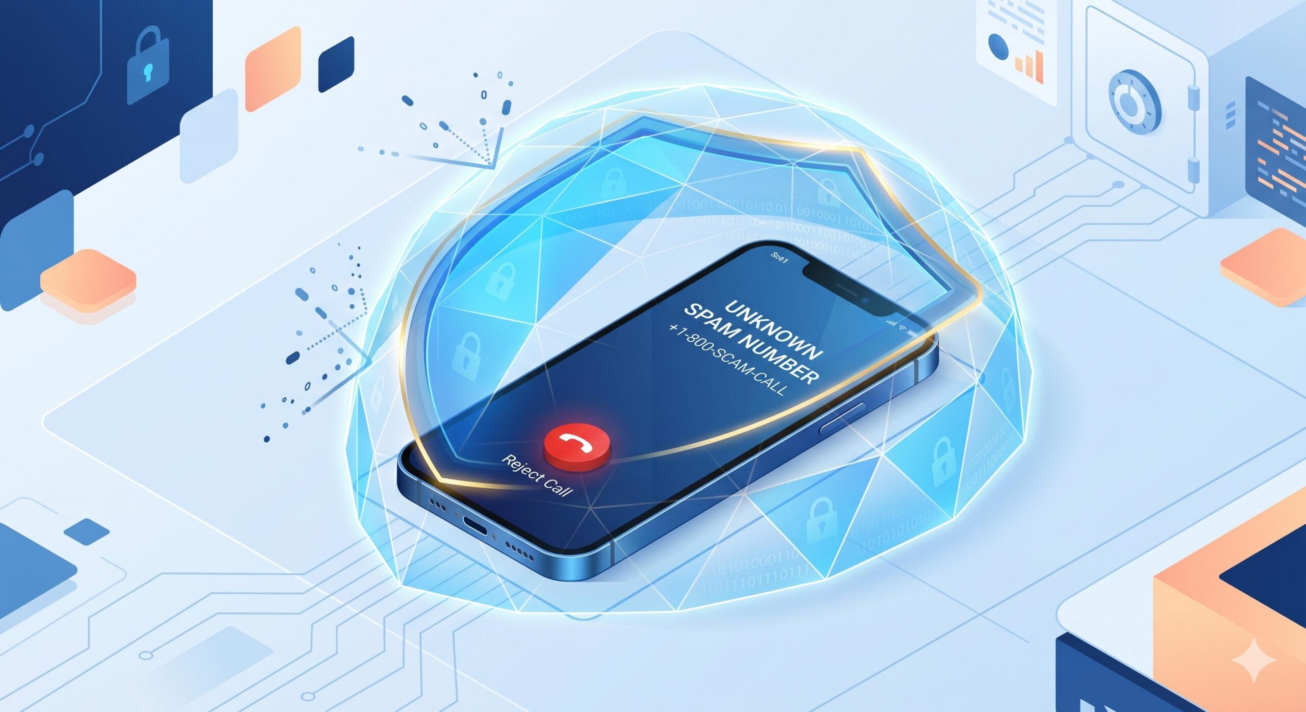 3D illustration of a smartphone protected by a glowing security shield rejecting a spam call.