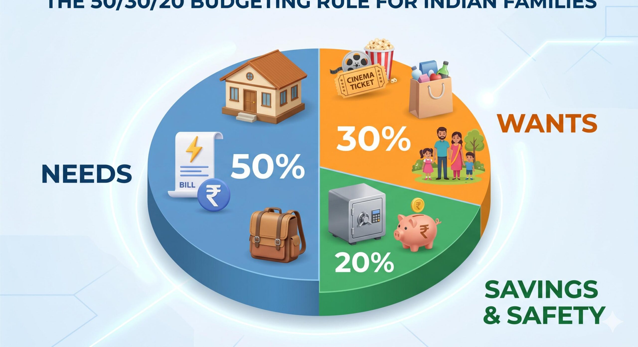 50-30-20 rule visualization for Indian family budgets.