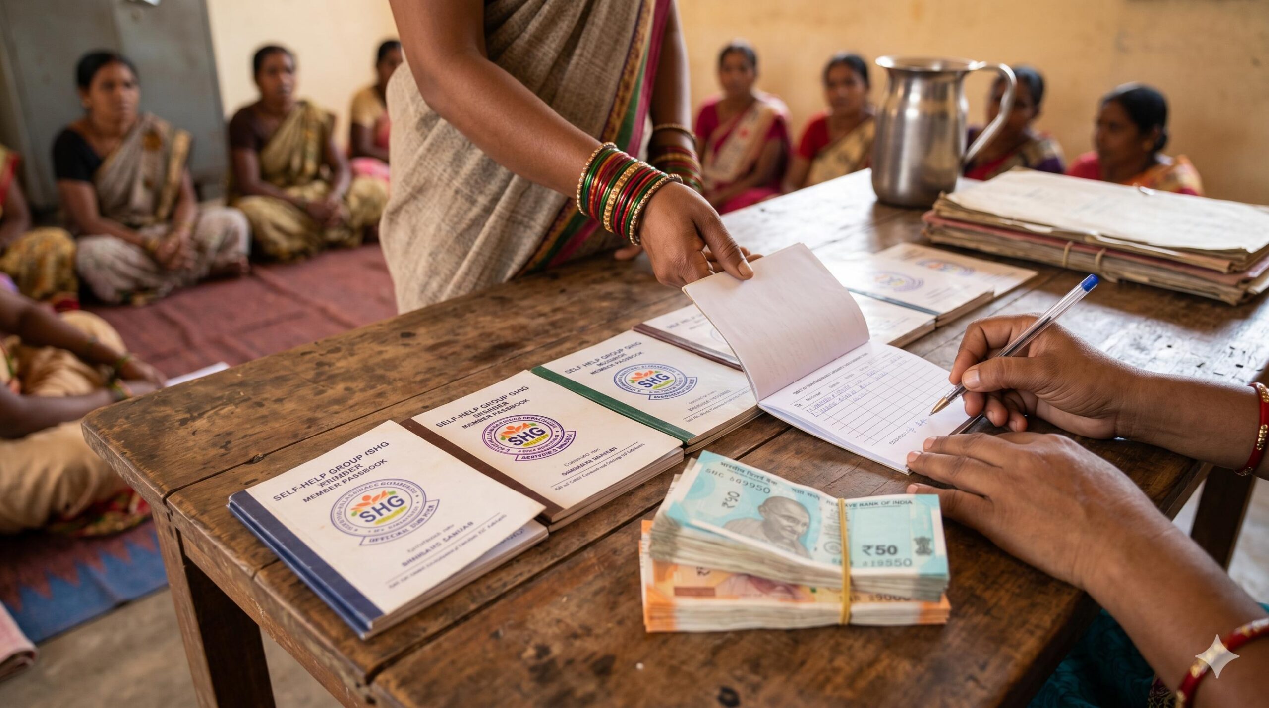 A close-up showing a line of organized SHG passbooks on a table during a meeting.