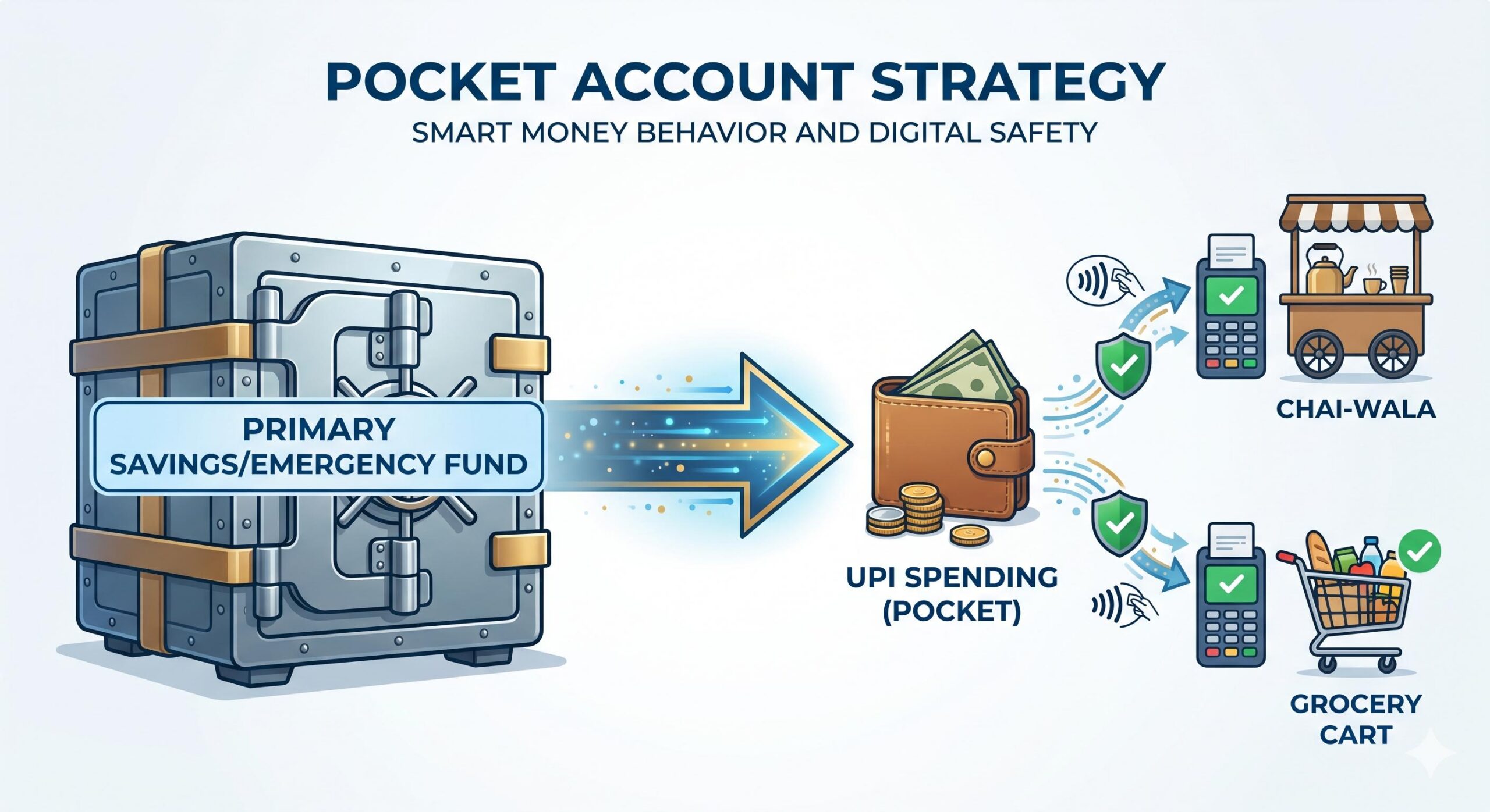 A conceptual flow diagram of a savings vault transferring limited funds to a UPI wallet.