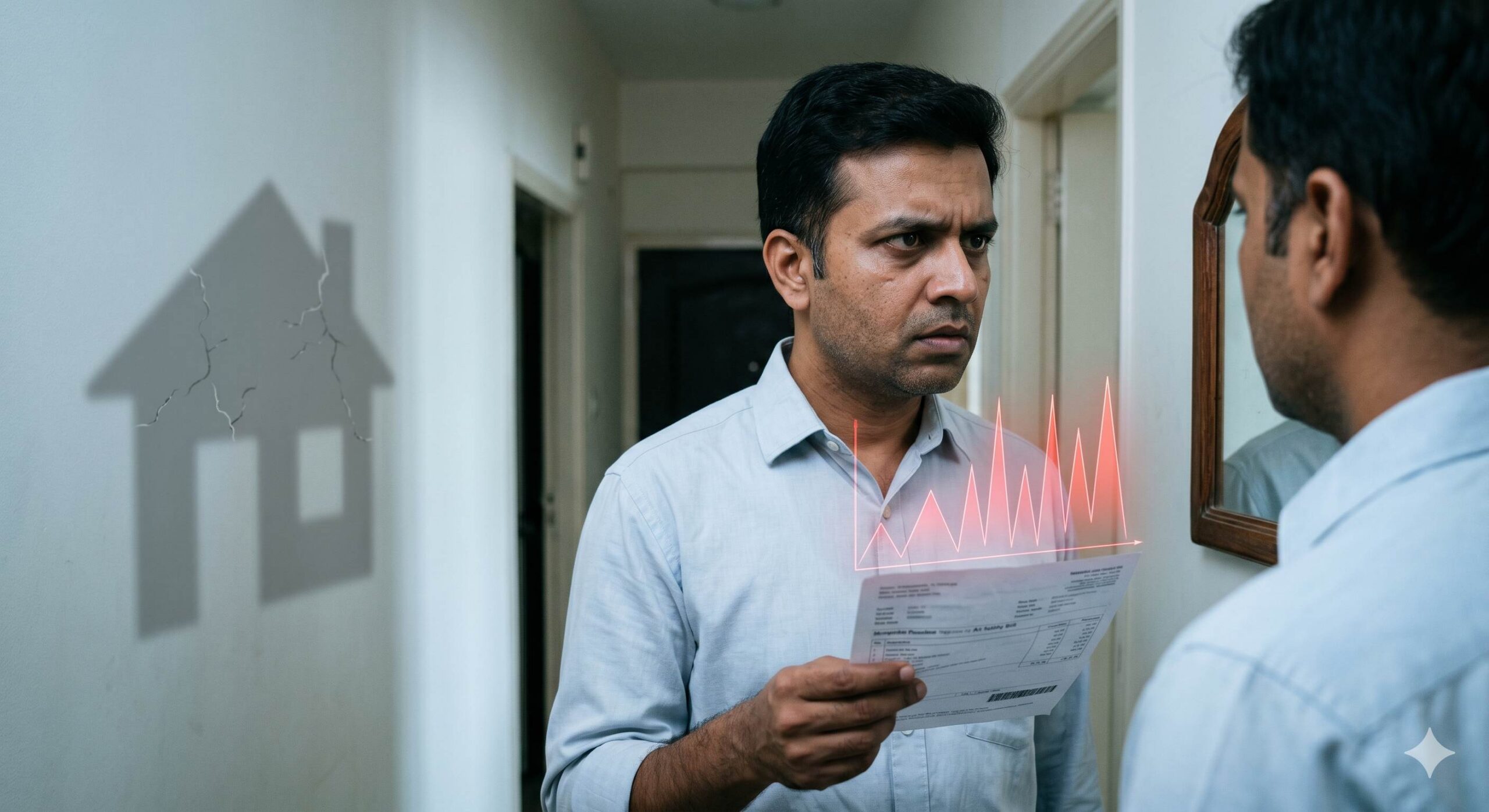 A concerned Indian man looking at a utility bill with a visual graph showing rising interest rates and the shadow of his house in the background.