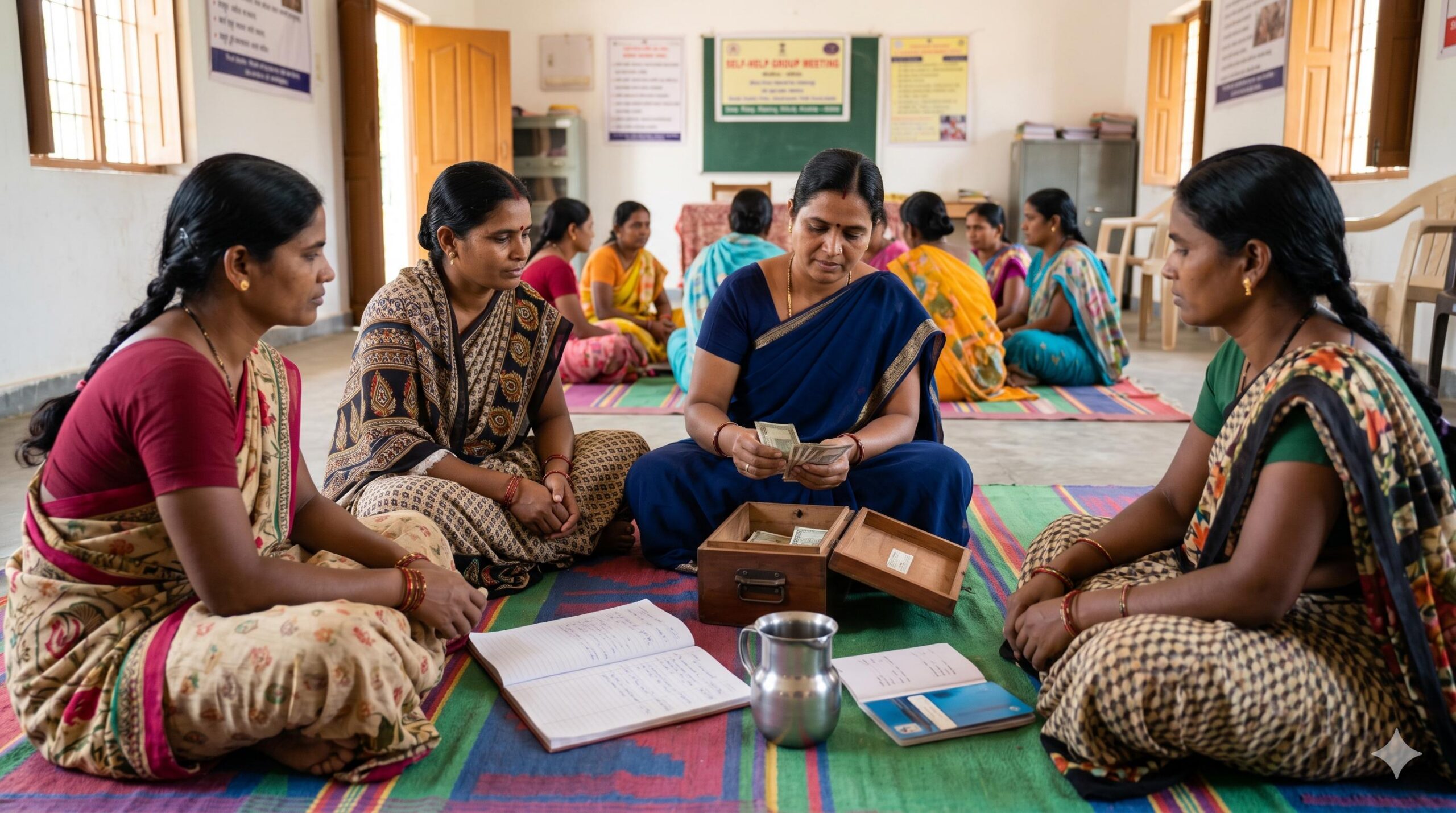 A group of Indian women at an SHG meeting circle, with a leader counting cash into a lockbox.