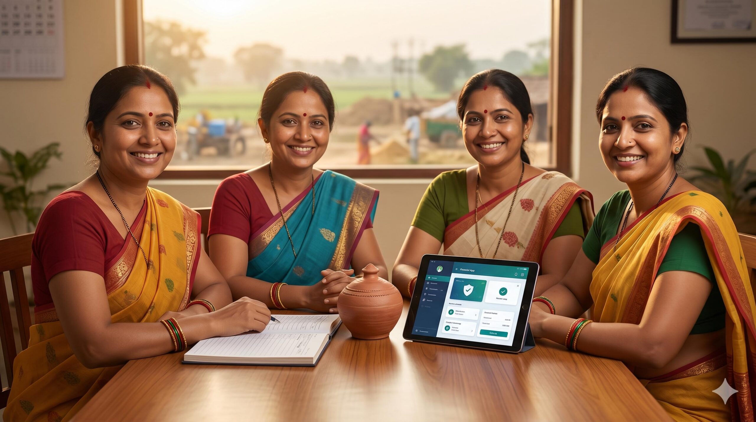A group of confident Indian women collaborating on community savings and micro-loans.